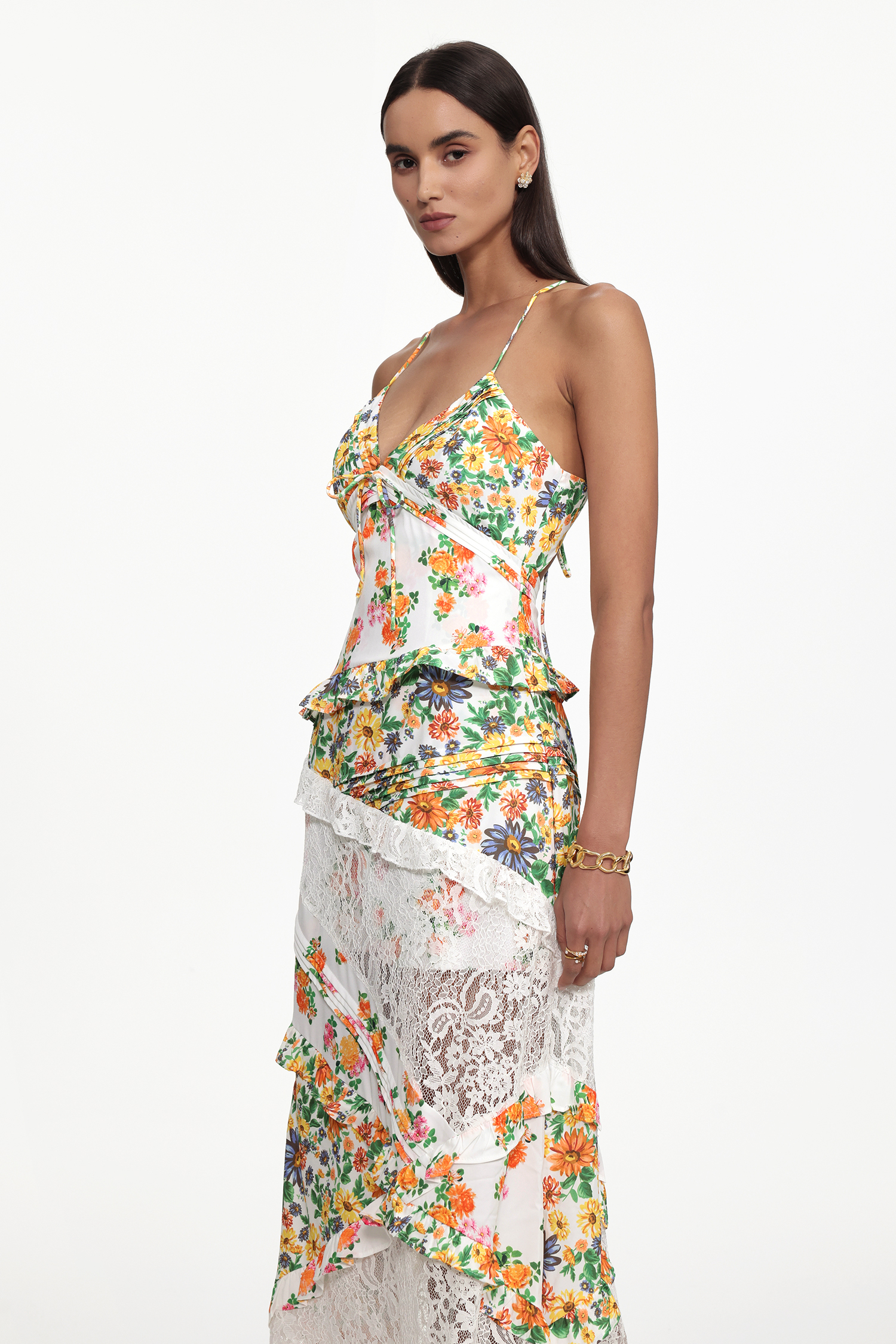 Zainab Resort Flowy V Neck Floral Print Lace Woven Maxi Dress