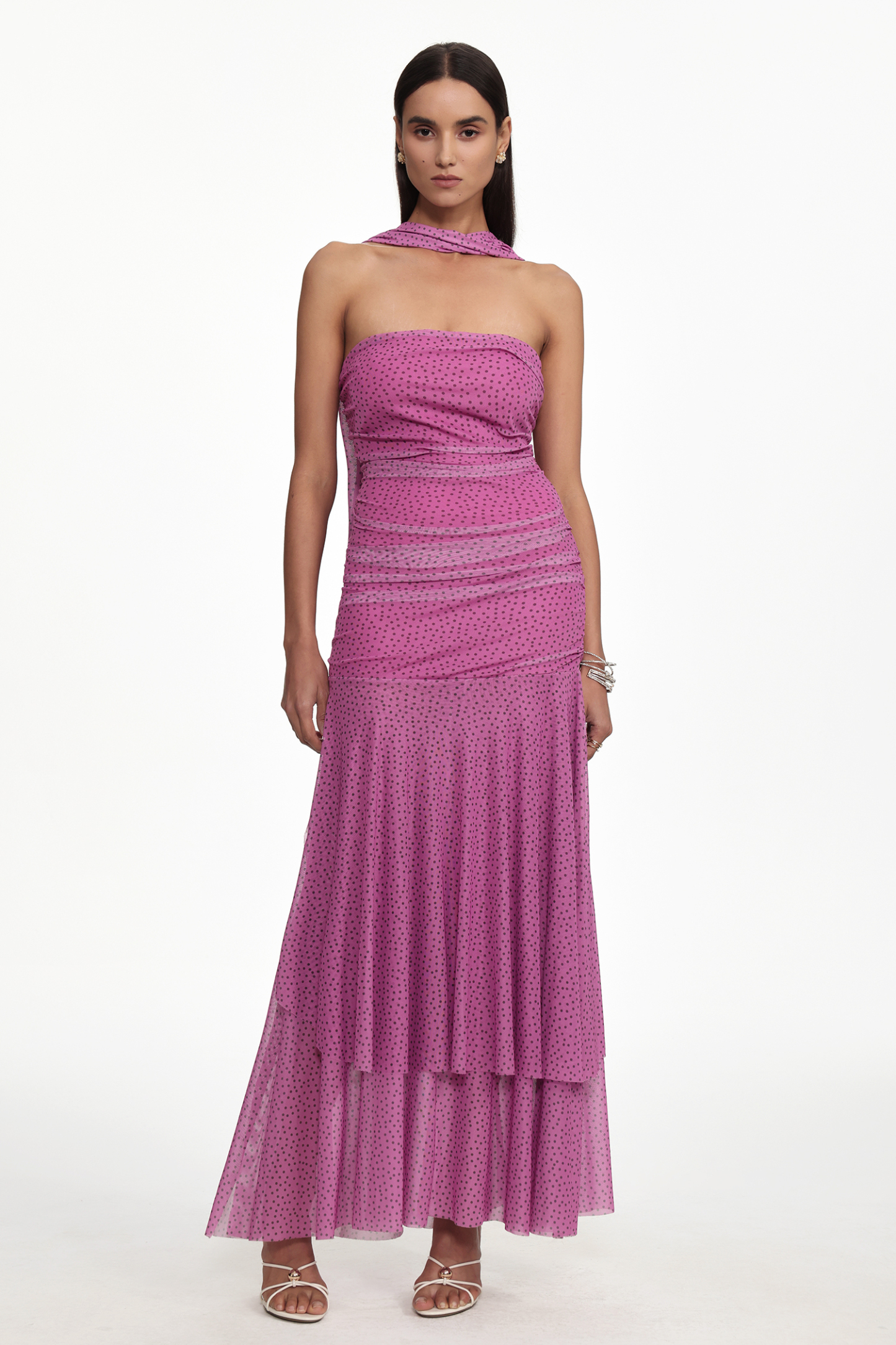 Maruja Resort Sleeveless Polka Dot Ruched Mesh Maxi Dress