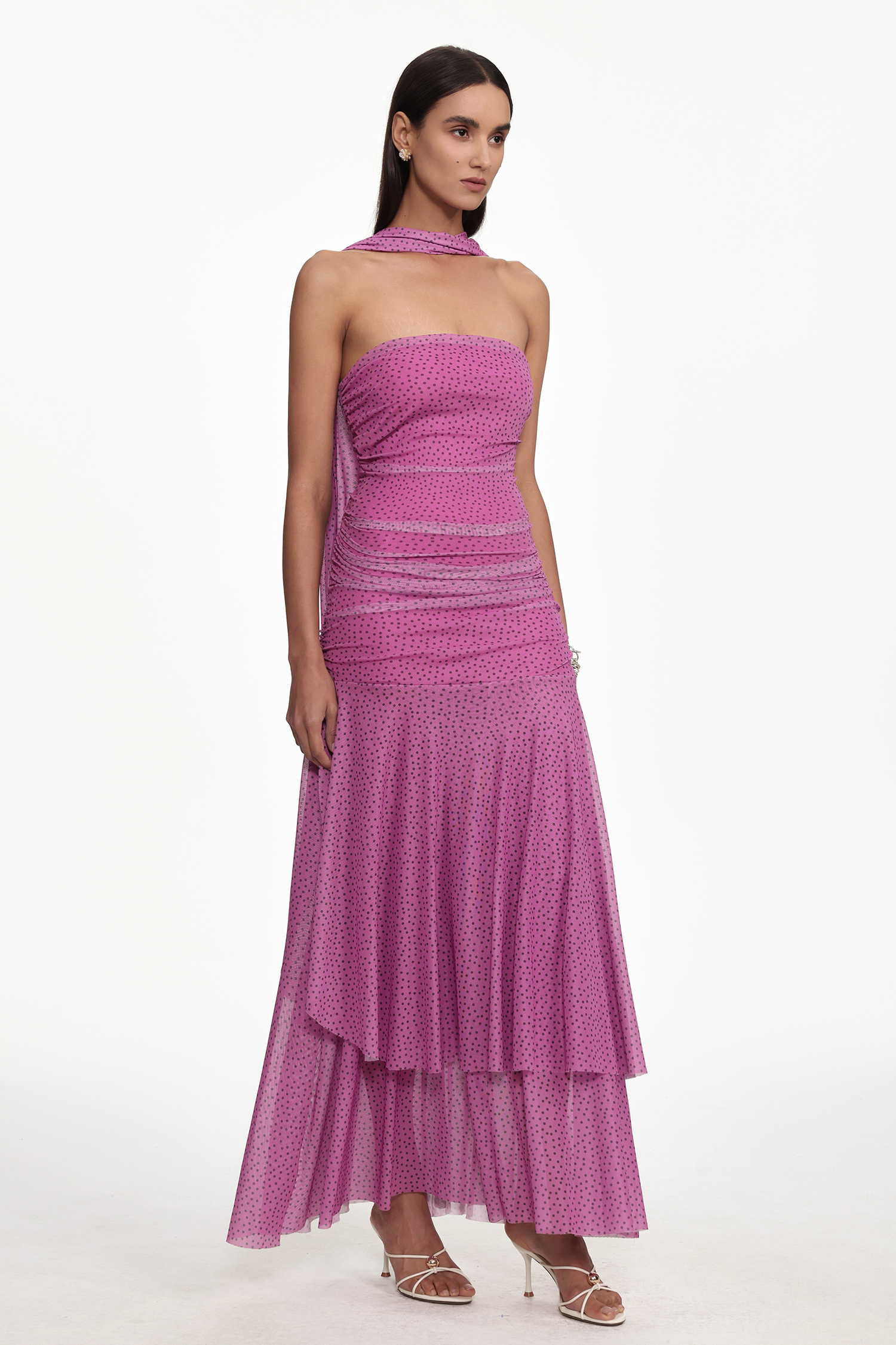 Maruja Resort Sleeveless Polka Dot Ruched Mesh Maxi Dress