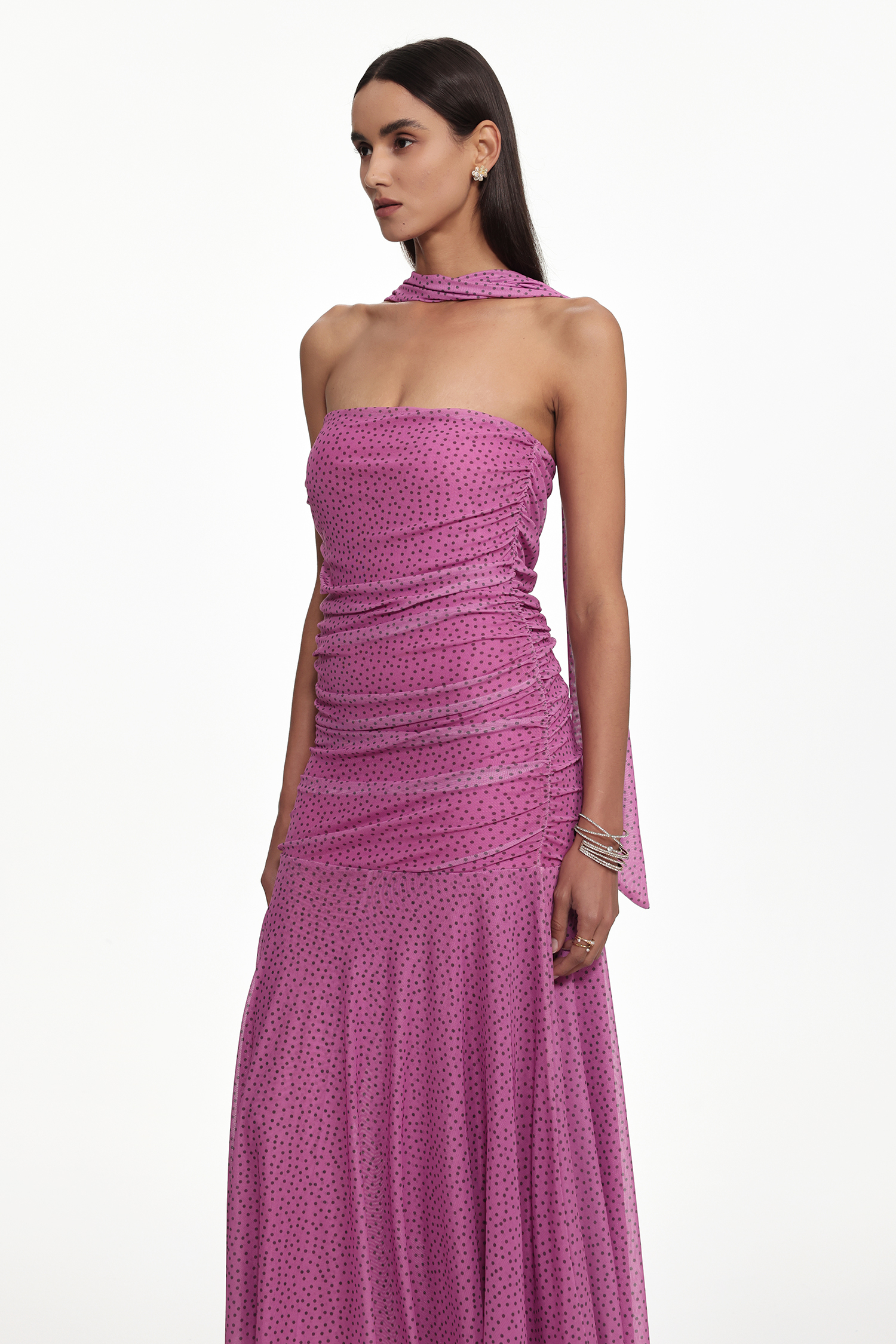 Maruja Resort Sleeveless Polka Dot Ruched Mesh Maxi Dress