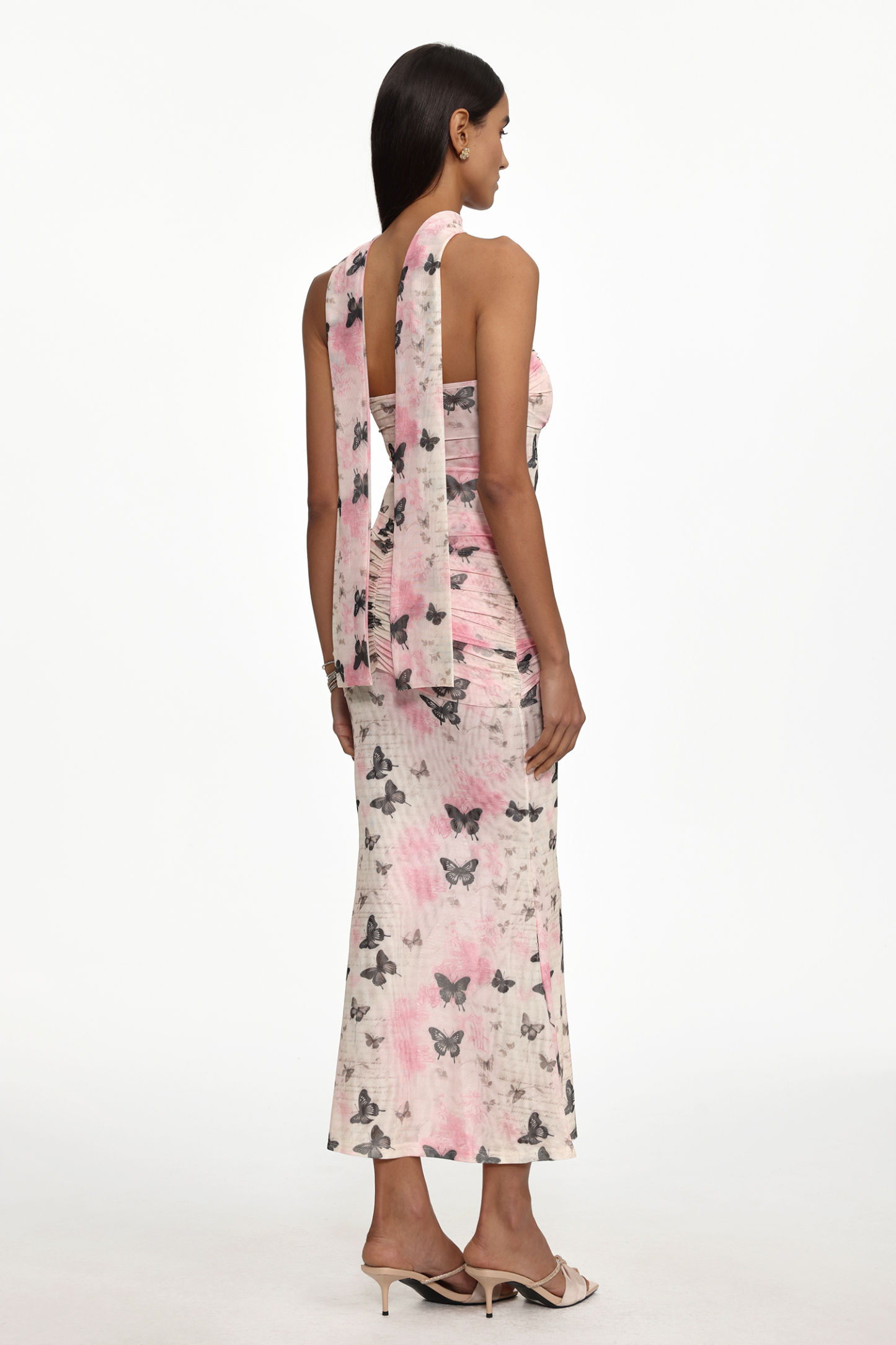 Yuico Resort Contour Sleeveless Ruched Butterfly Print Mesh Maxi Dress