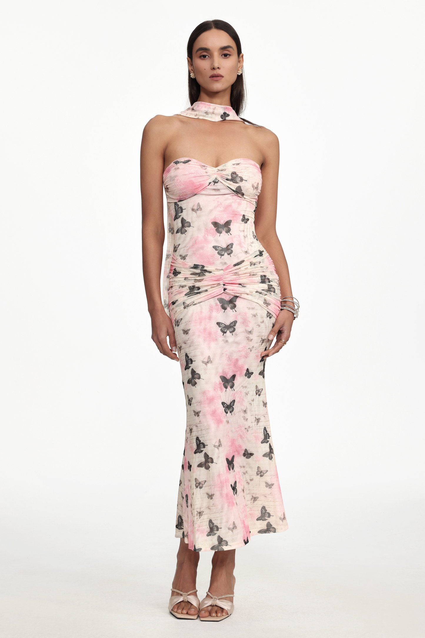 Yuico Resort Contour Sleeveless Ruched Butterfly Print Mesh Maxi Dress