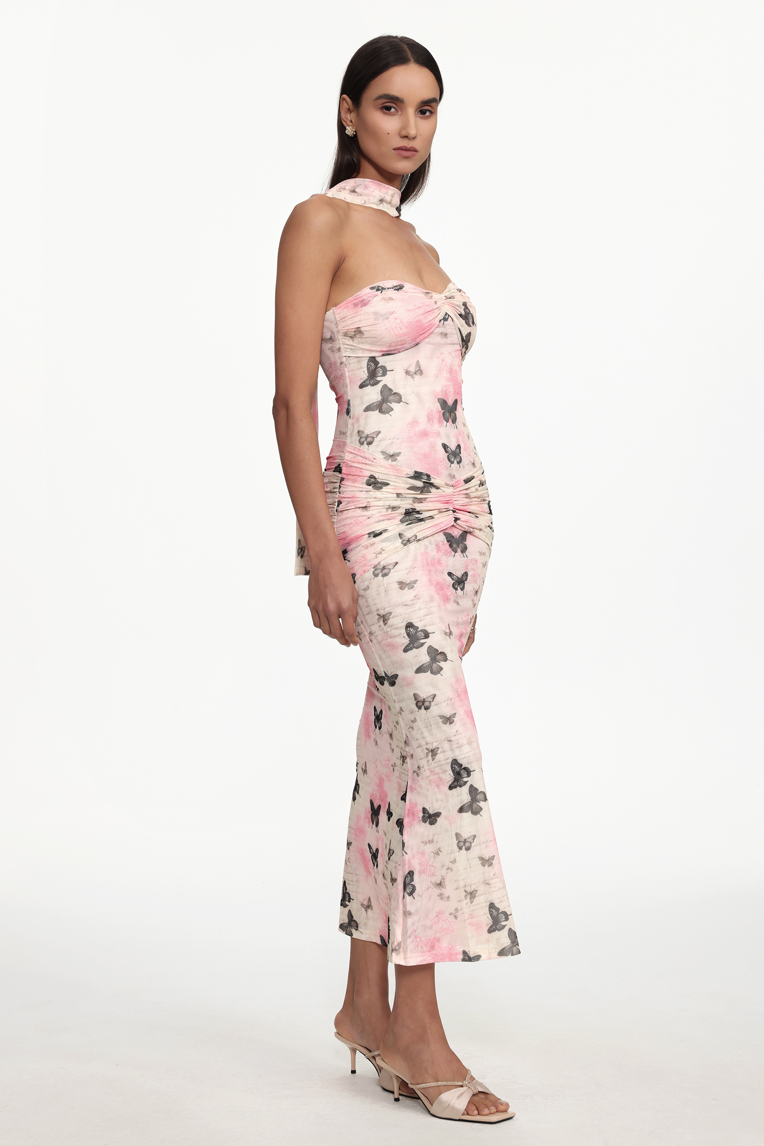 Yuico Resort Contour Sleeveless Ruched Butterfly Print Mesh Maxi Dress