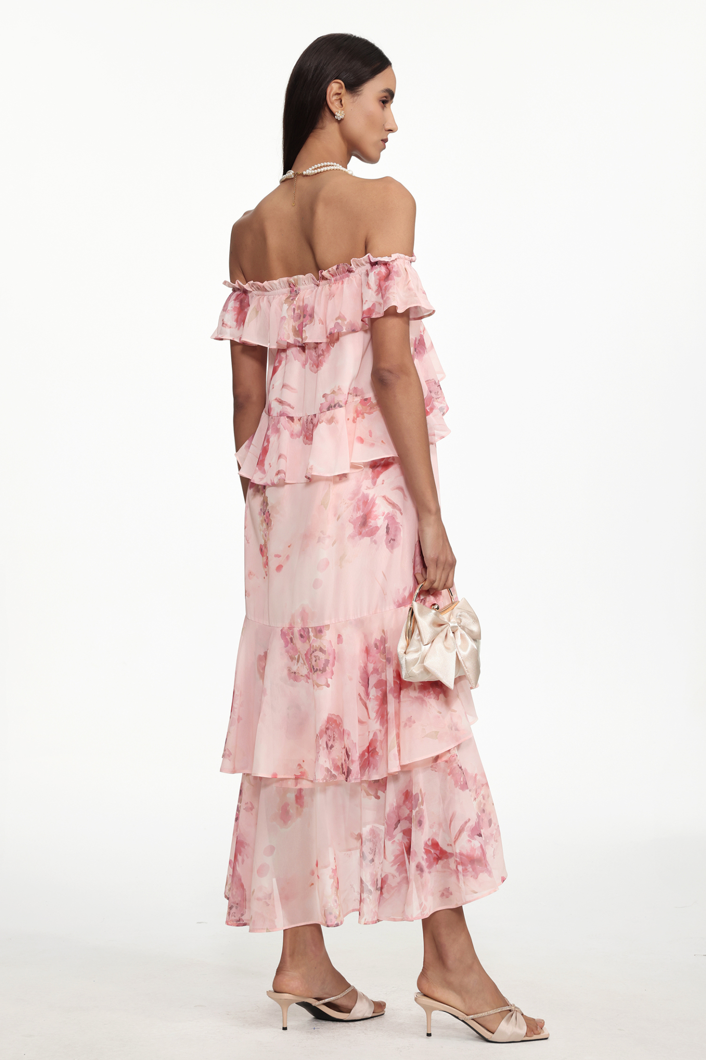 Taliesin Resort Flowy Off Shoulder Ruffle Floral Print Chiffon Maxi Dress