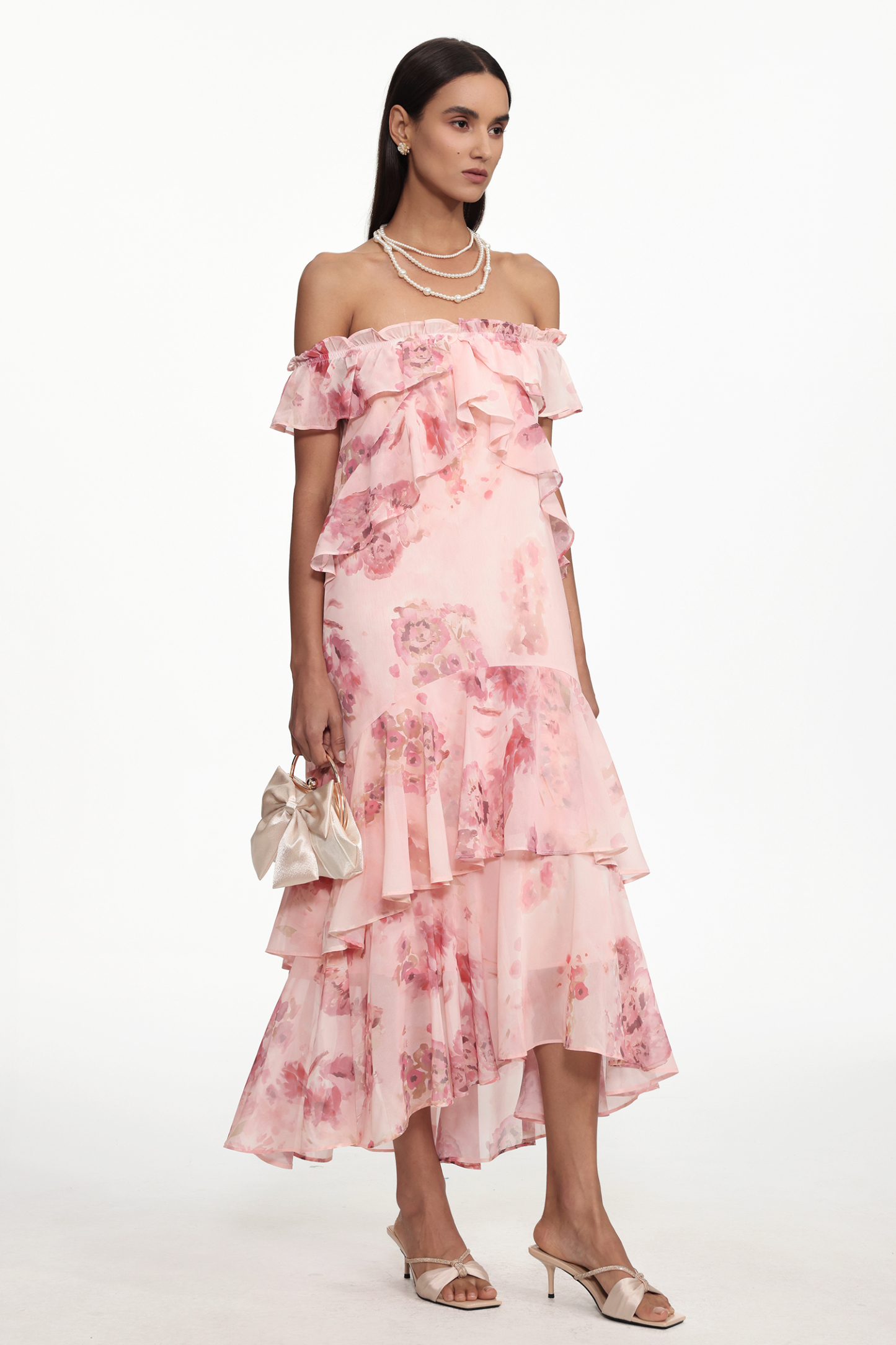 Taliesin Resort Flowy Off Shoulder Ruffle Floral Print Chiffon Maxi Dress