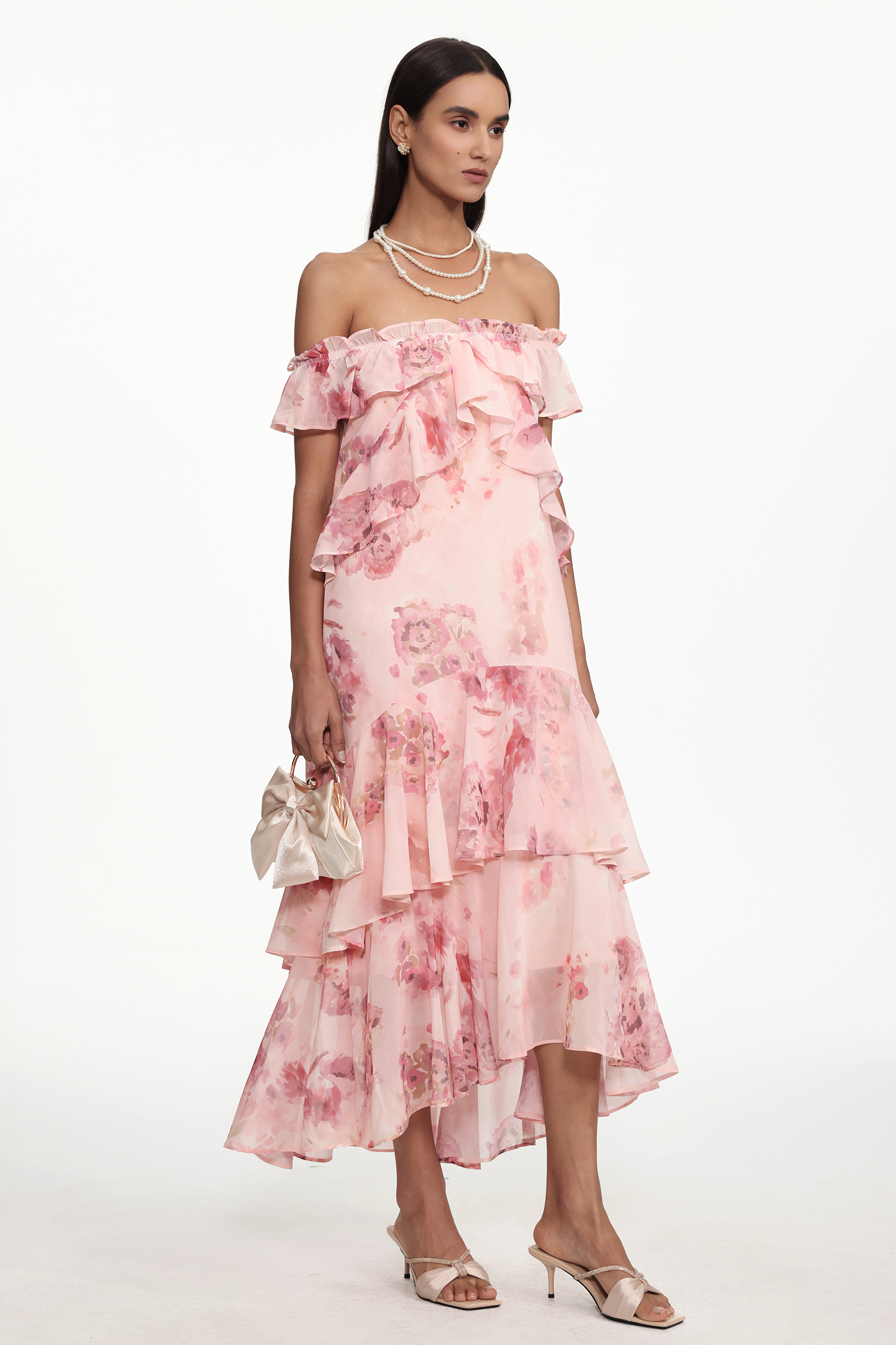 Taliesin Resort Flowy Off Shoulder Ruffle Floral Print Chiffon Maxi Dress