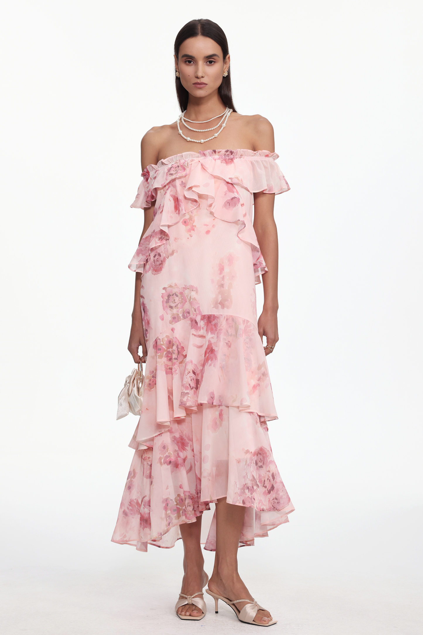 Taliesin Resort Flowy Off Shoulder Ruffle Floral Print Chiffon Maxi Dress
