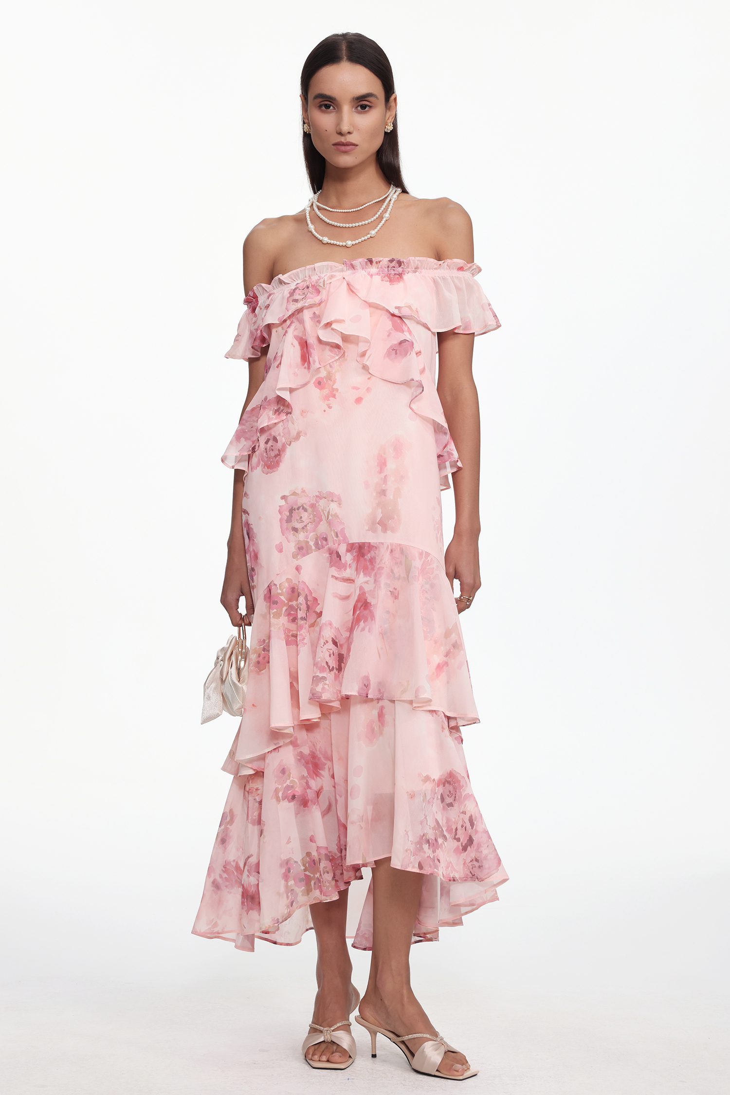 Taliesin Resort Flowy Off Shoulder Ruffle Floral Print Chiffon Maxi Dress