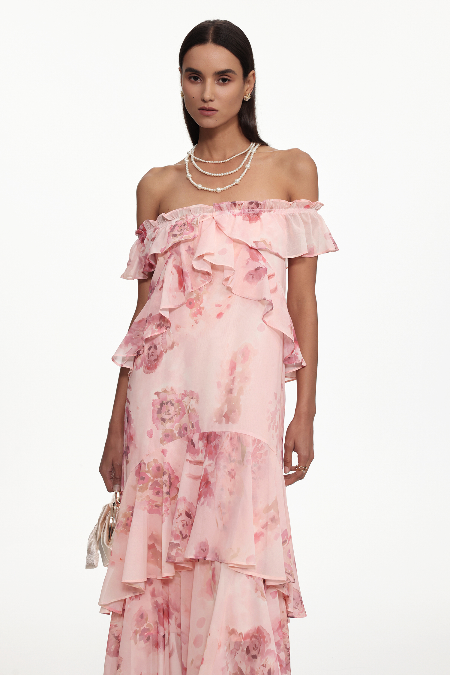Taliesin Resort Flowy Off Shoulder Ruffle Floral Print Chiffon Maxi Dress