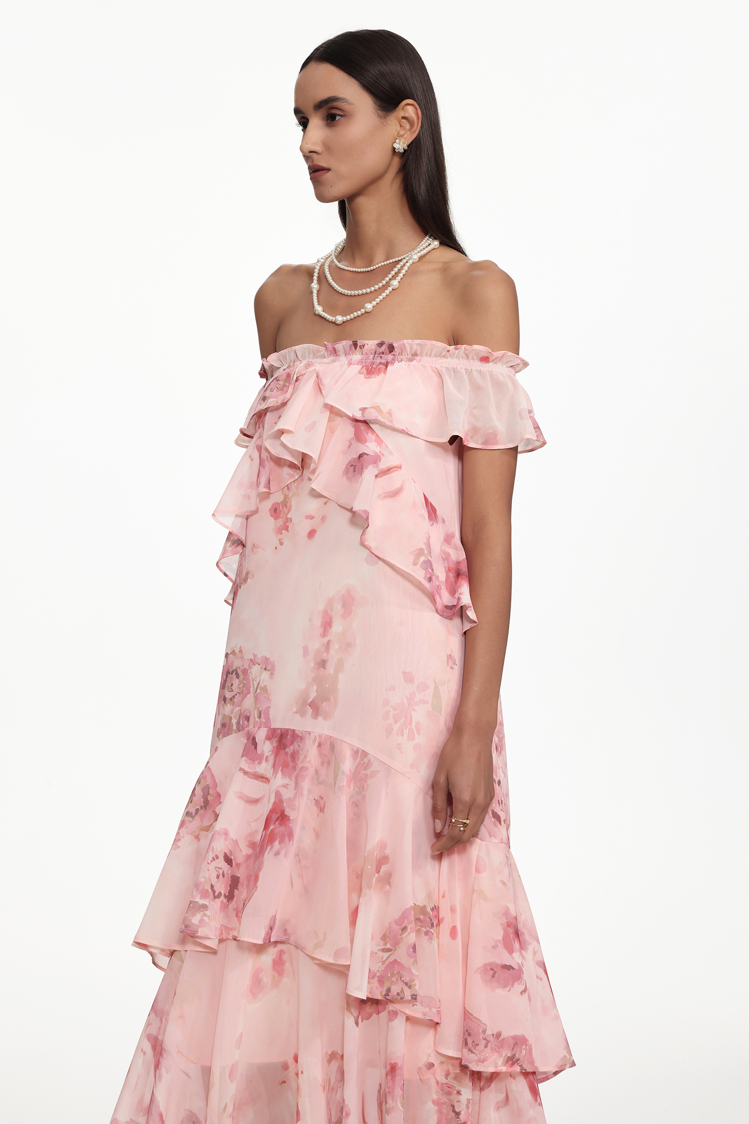 Taliesin Resort Flowy Off Shoulder Ruffle Floral Print Chiffon Maxi Dress