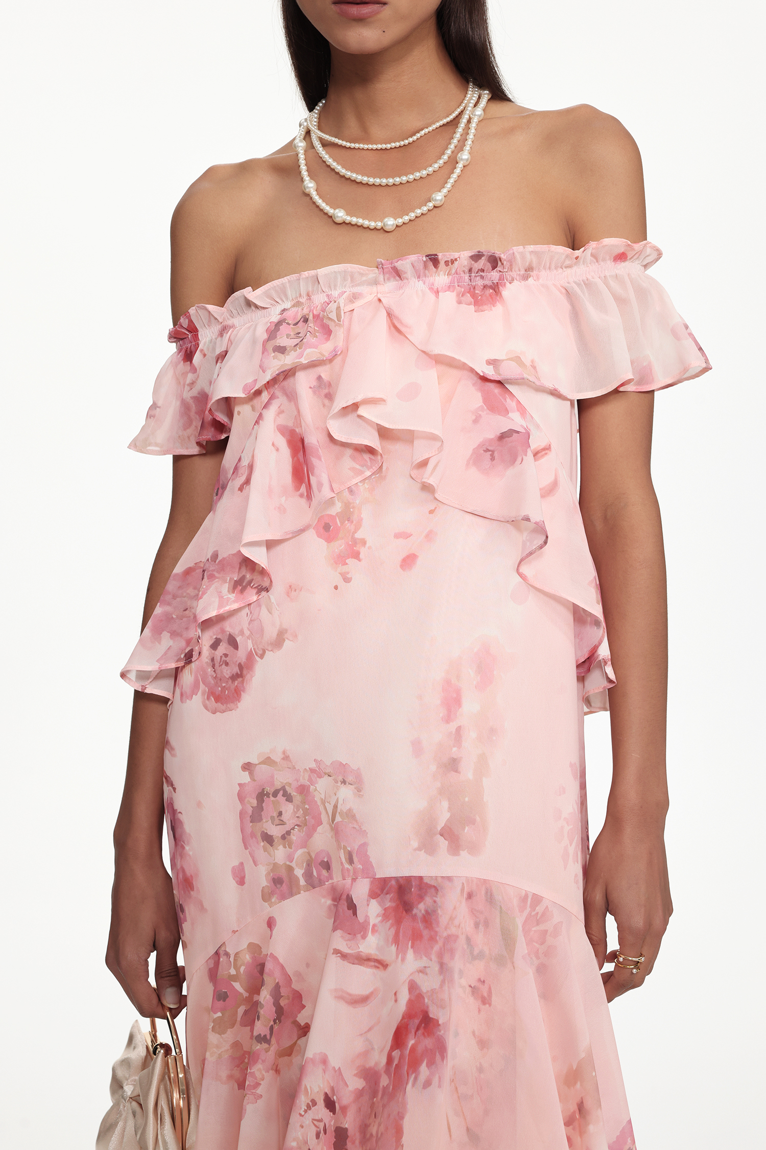 Taliesin Resort Flowy Off Shoulder Ruffle Floral Print Chiffon Maxi Dress