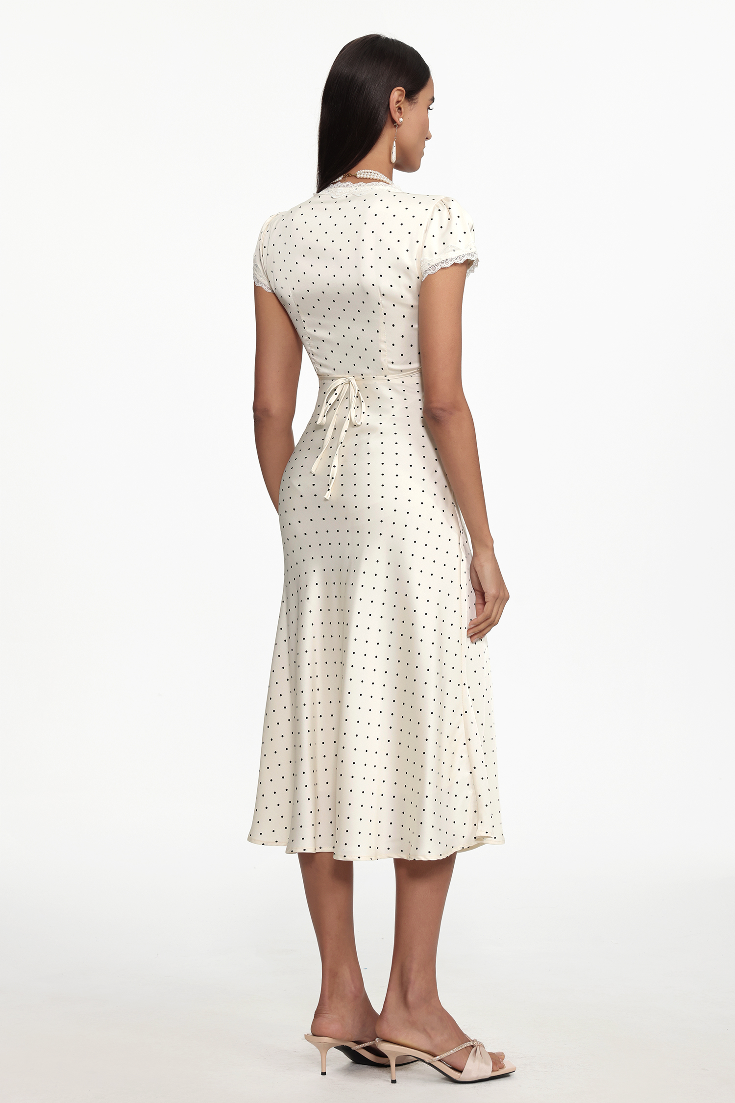 Hazel Classic Cinched Waist V Neck Short Sleeve Polka Dot Lace Woven Maxi Dress