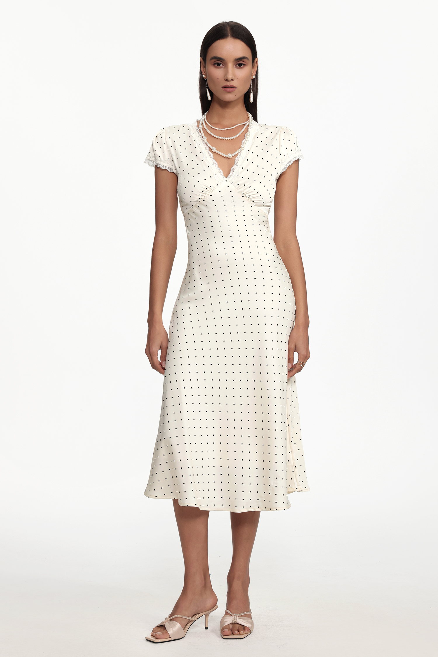 Hazel Classic Cinched Waist V Neck Short Sleeve Polka Dot Lace Woven Maxi Dress