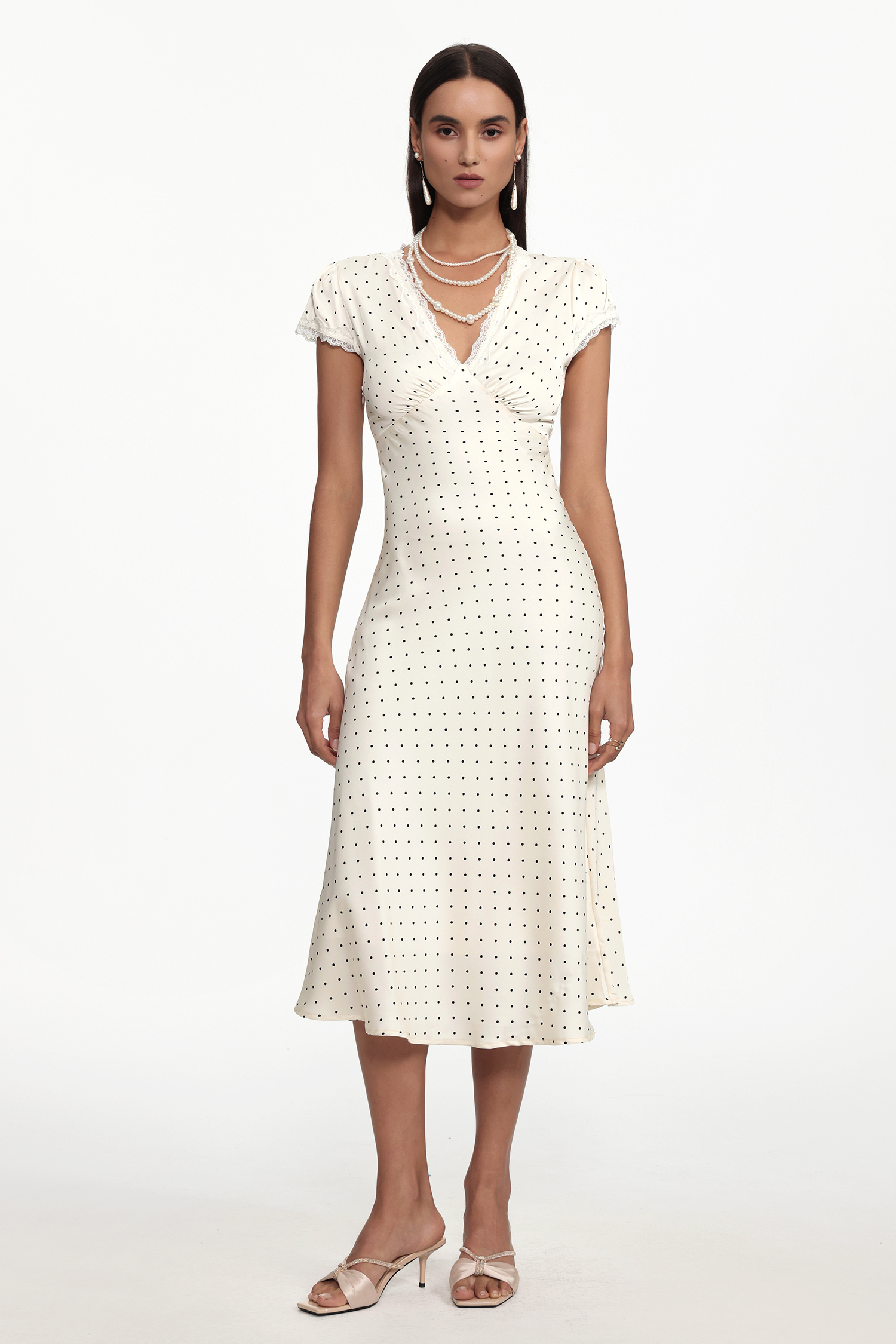 Hazel Classic Cinched Waist V Neck Short Sleeve Polka Dot Lace Woven Maxi Dress