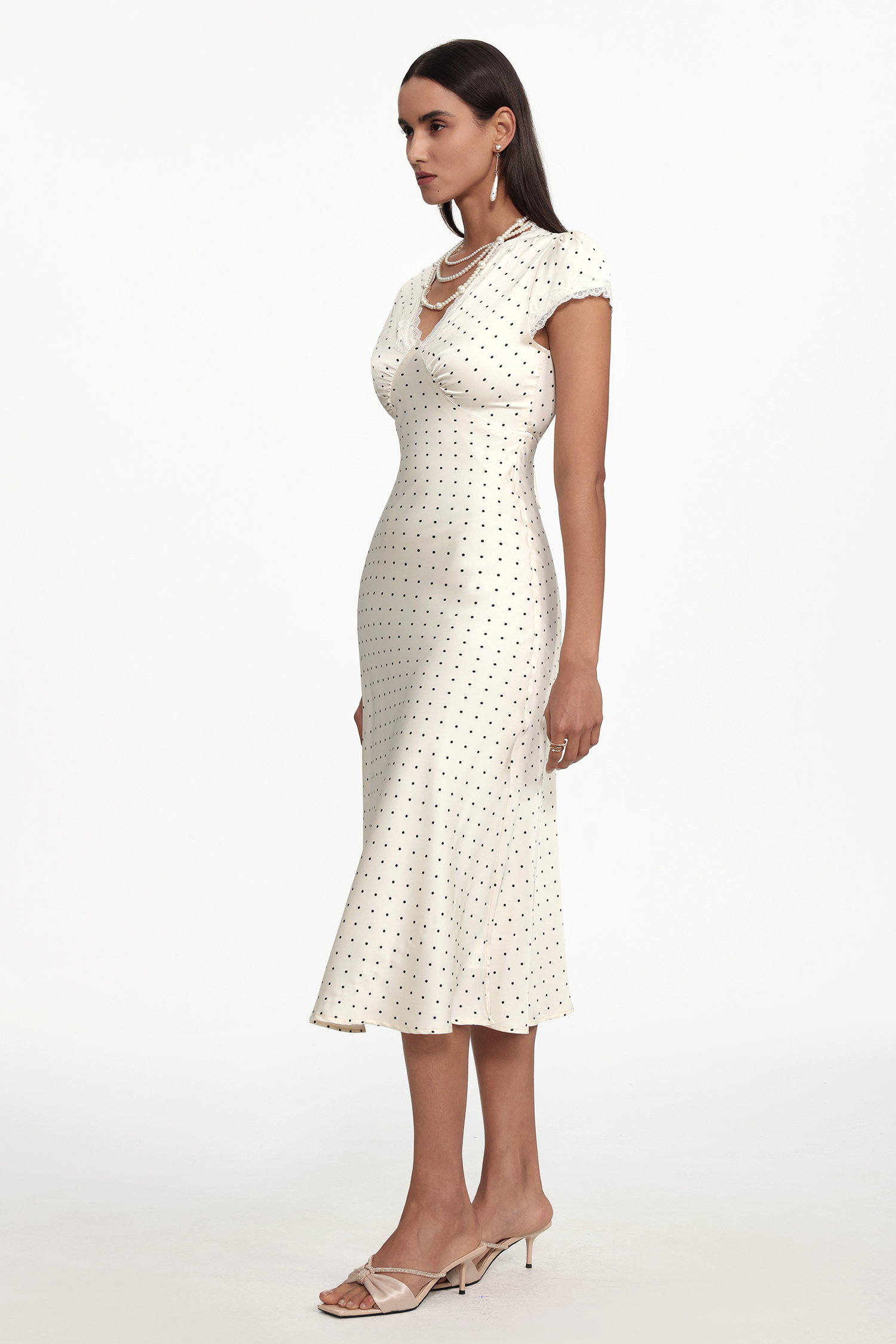 Hazel Classic Cinched Waist V Neck Short Sleeve Polka Dot Lace Woven Maxi Dress