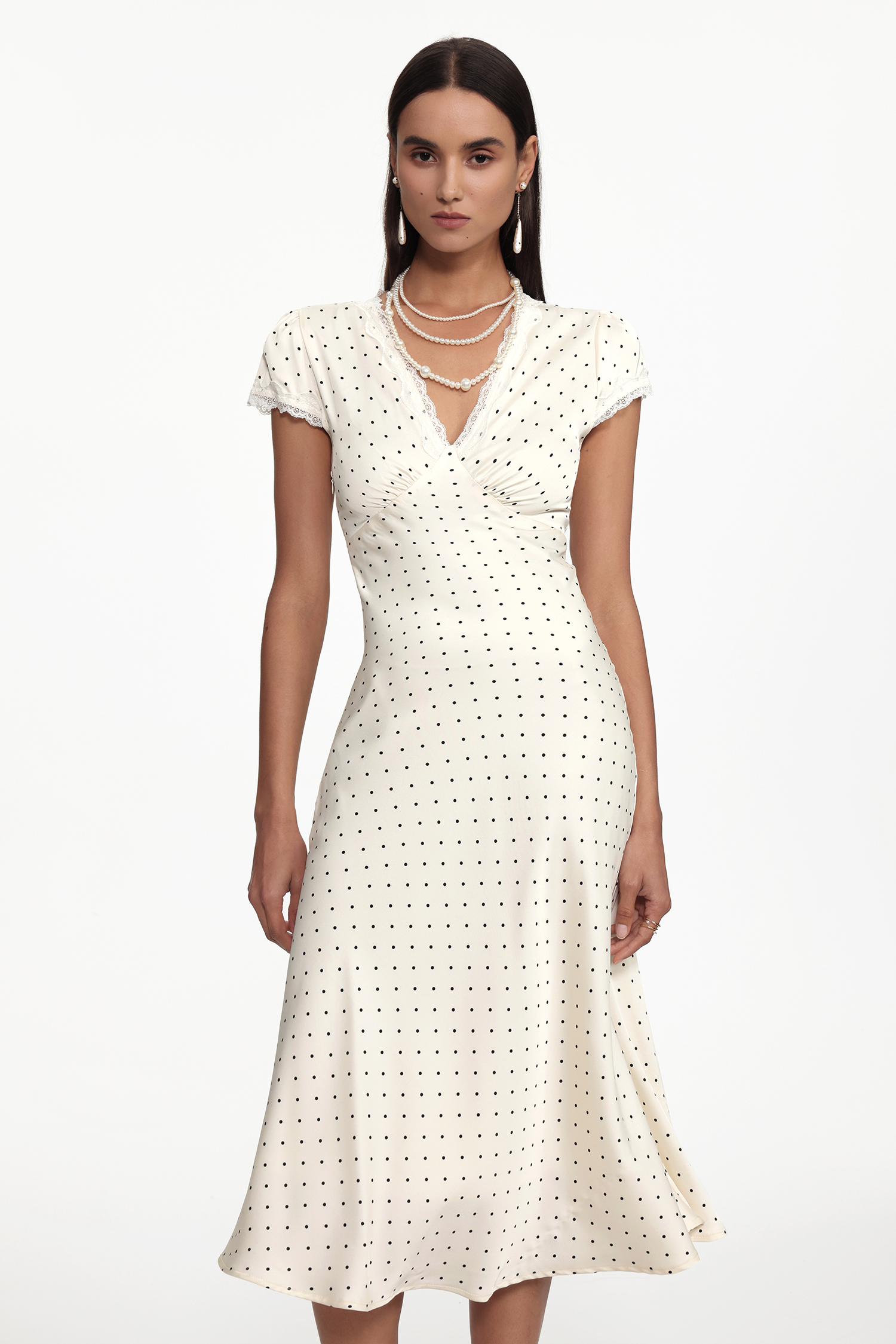 Hazel Classic Cinched Waist V Neck Short Sleeve Polka Dot Lace Woven Maxi Dress