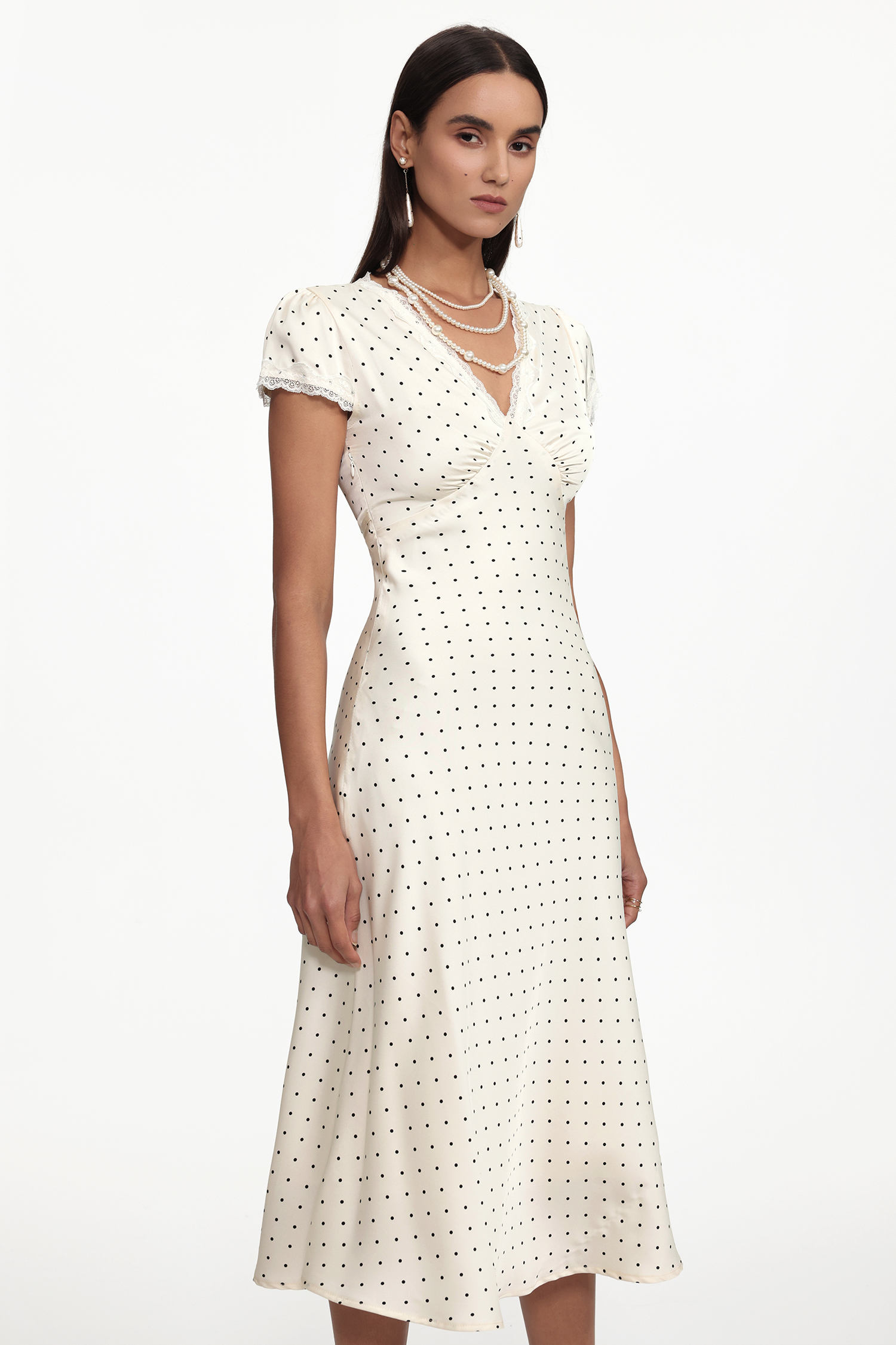 Hazel Classic Cinched Waist V Neck Short Sleeve Polka Dot Lace Woven Maxi Dress