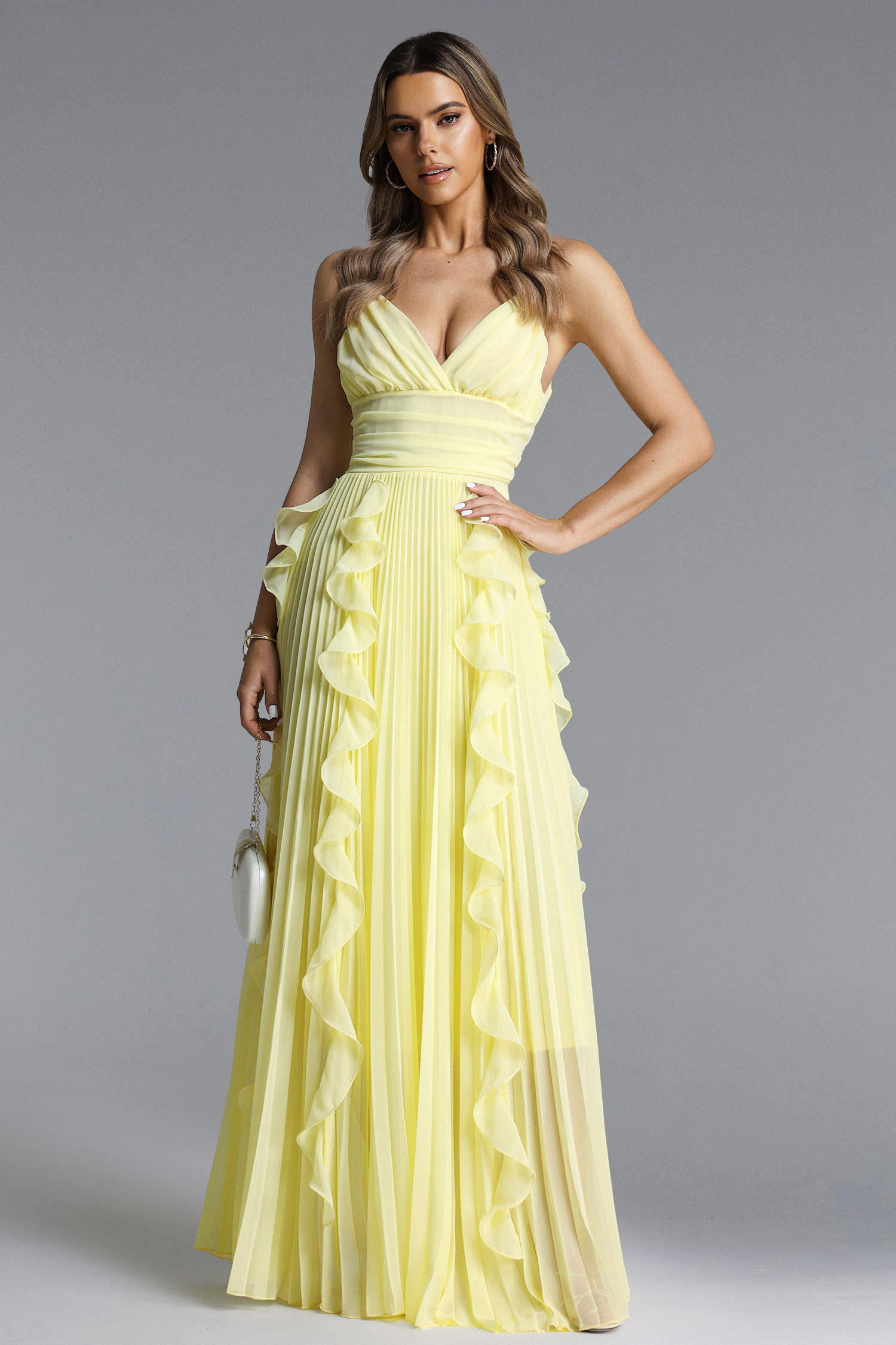 Viky Elegant Flowy Sleeveless Pleated Ruffle Maxi Dress