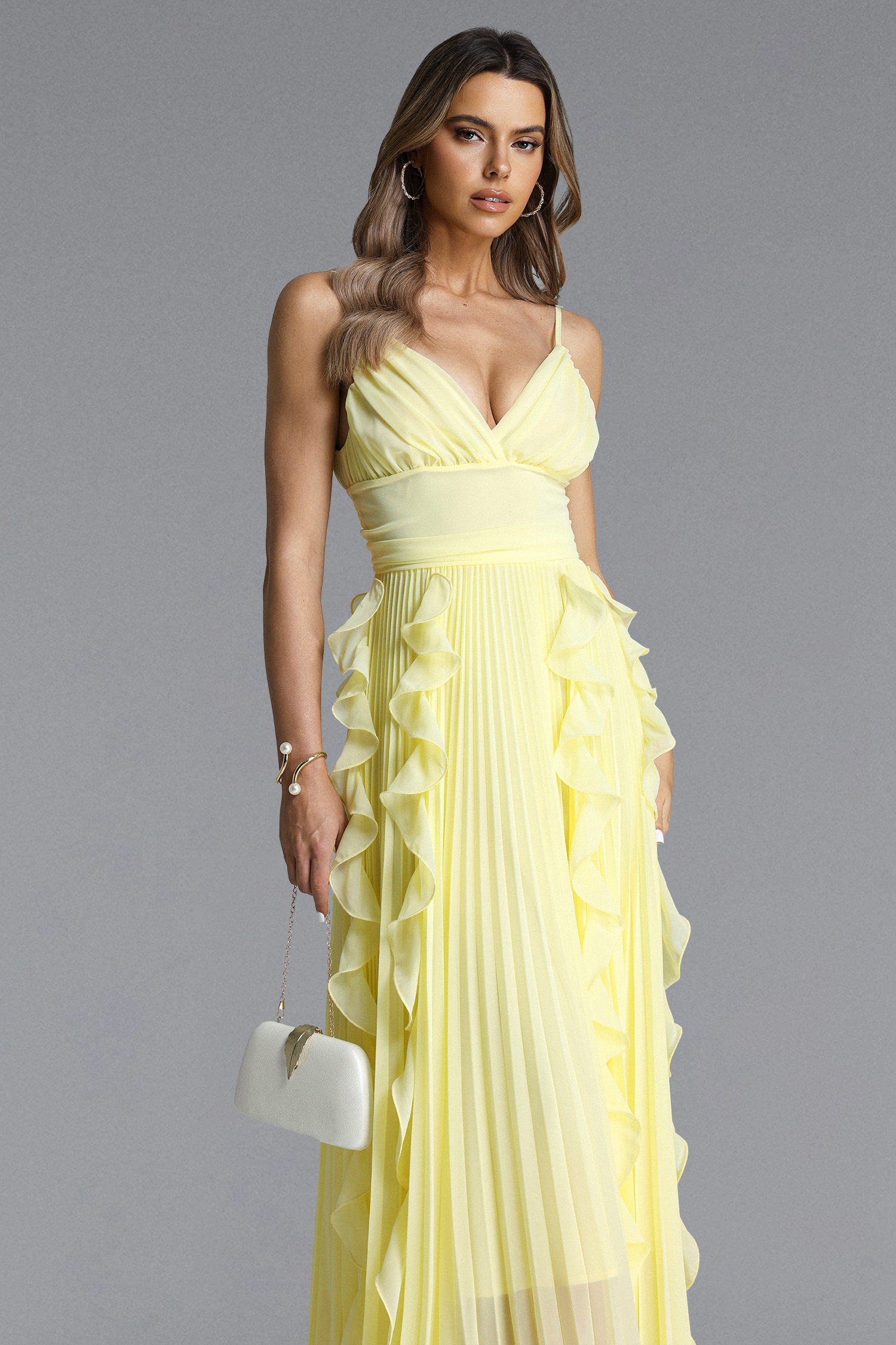Viky Elegant Flowy Sleeveless Pleated Ruffle Maxi Dress