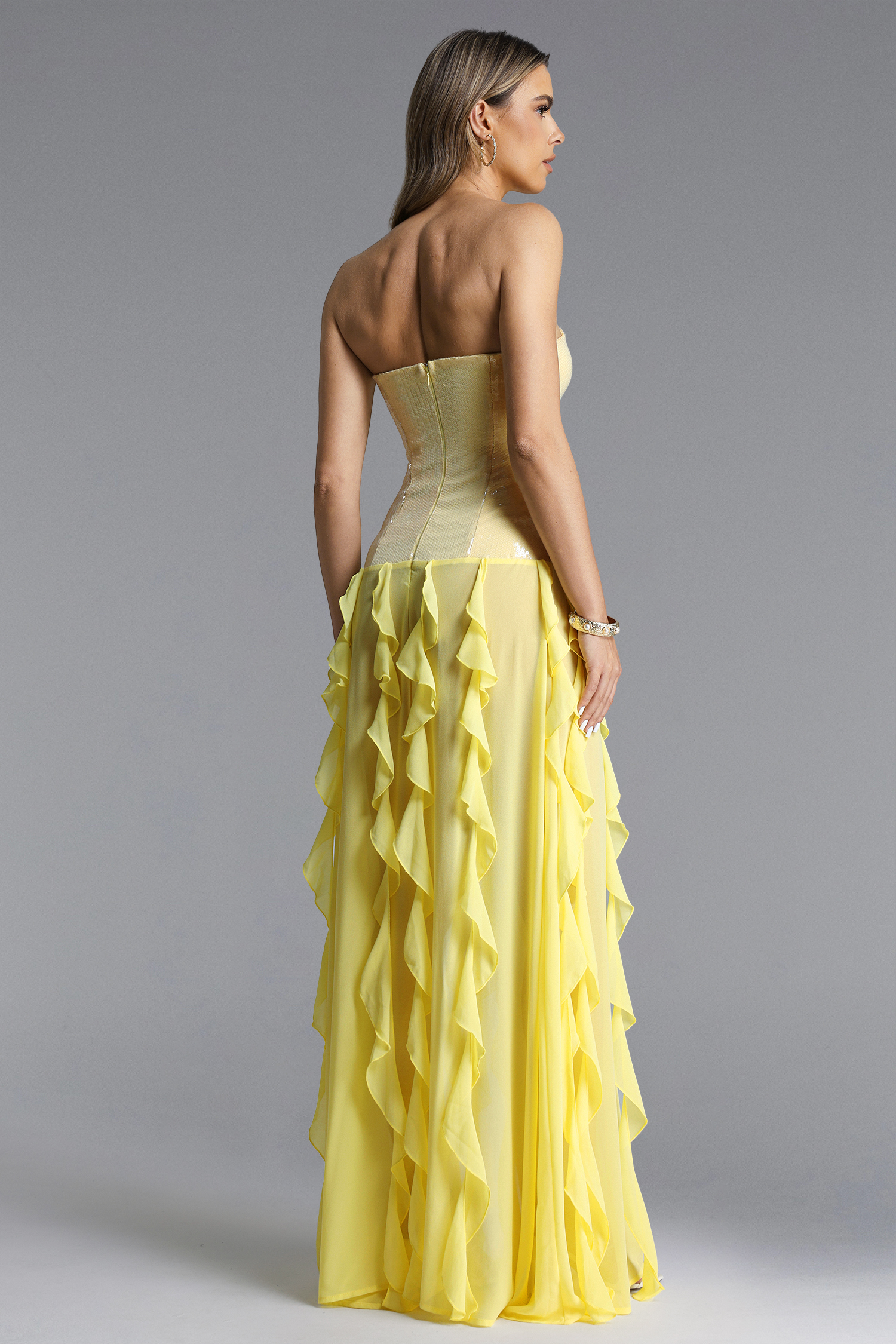 Heisel Chic Contour Strapless Ruffle Trim Sequin Maxi Dress