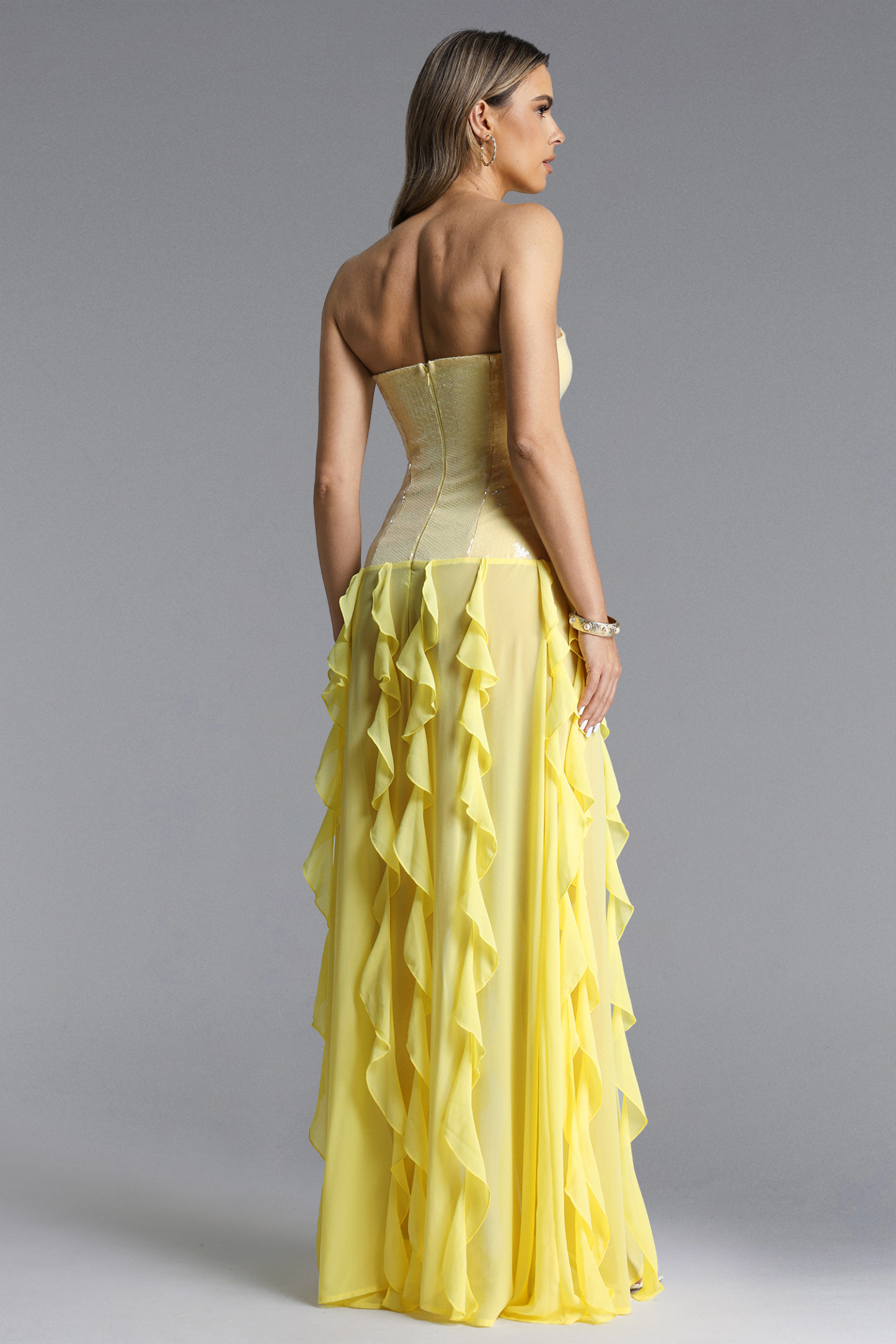 Heisel Chic Contour Strapless Ruffle Trim Sequin Maxi Dress