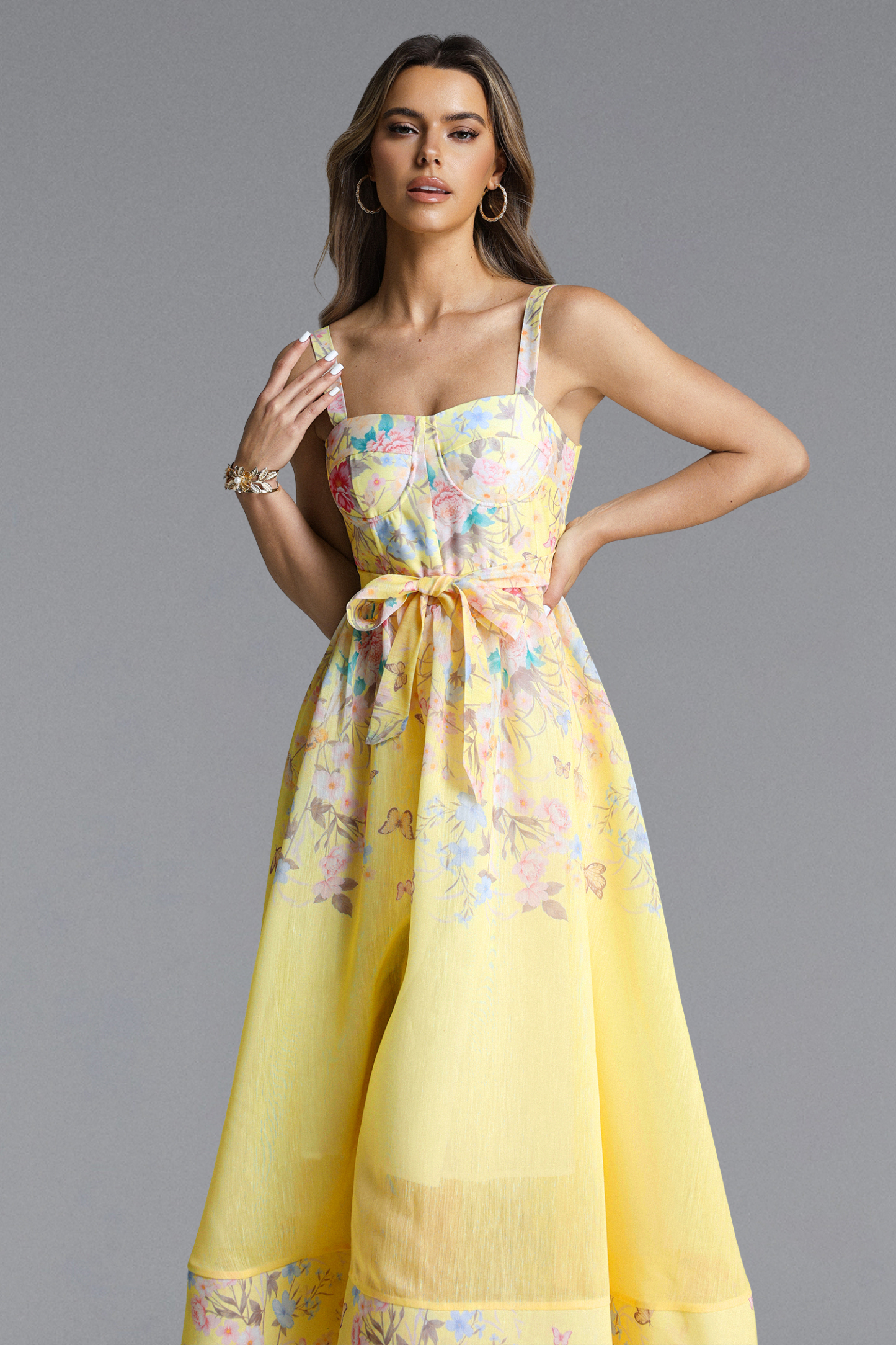 Mayali Romantic tailored Sleeveless Floral Print Maxi Dress