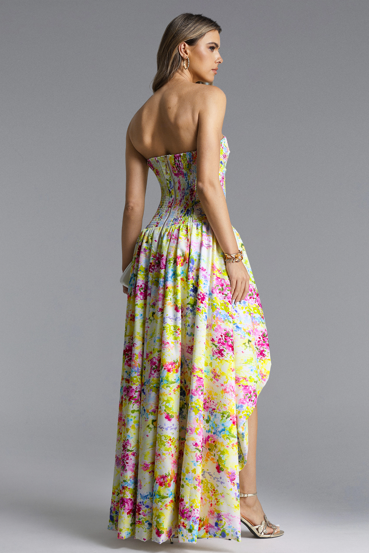 Perrine Romantic Flowy Strapless Pleated High Slit Print Maxi Dress