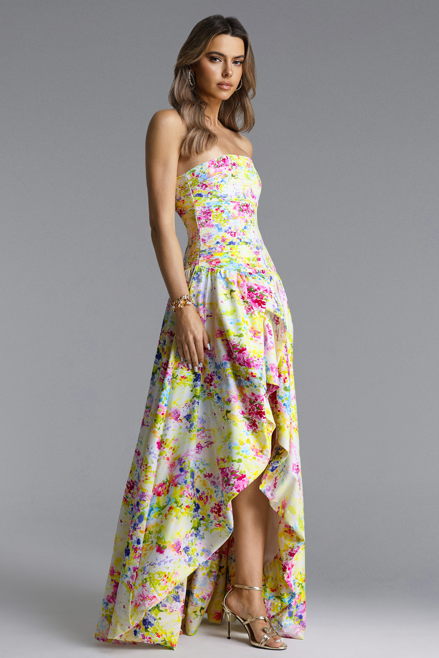 Perrine Romantic Flowy Strapless Pleated High Slit Print Maxi Dress