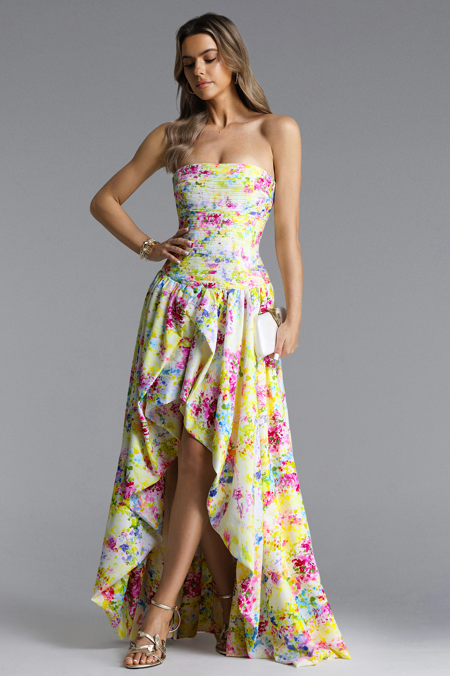 Perrine Romantic Flowy Strapless Pleated High Slit Print Maxi Dress