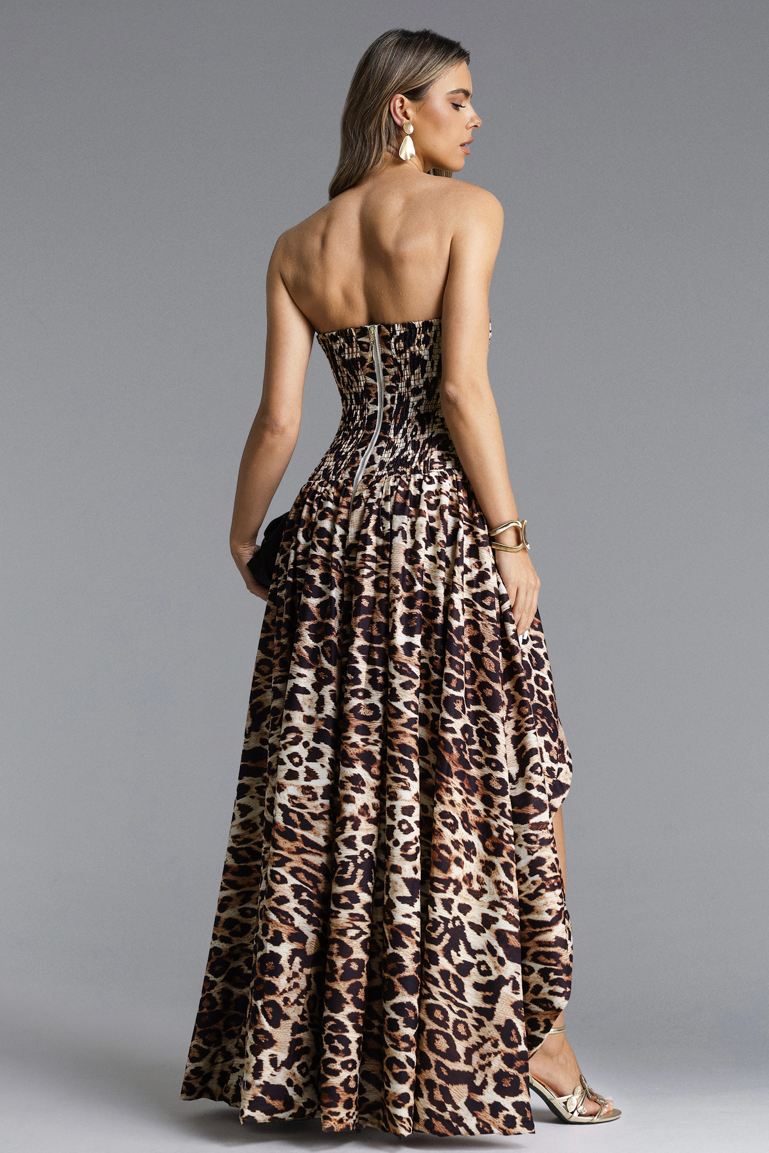 Ente Chic Contour Strapless Pleated Leopard Print Maxi Dress