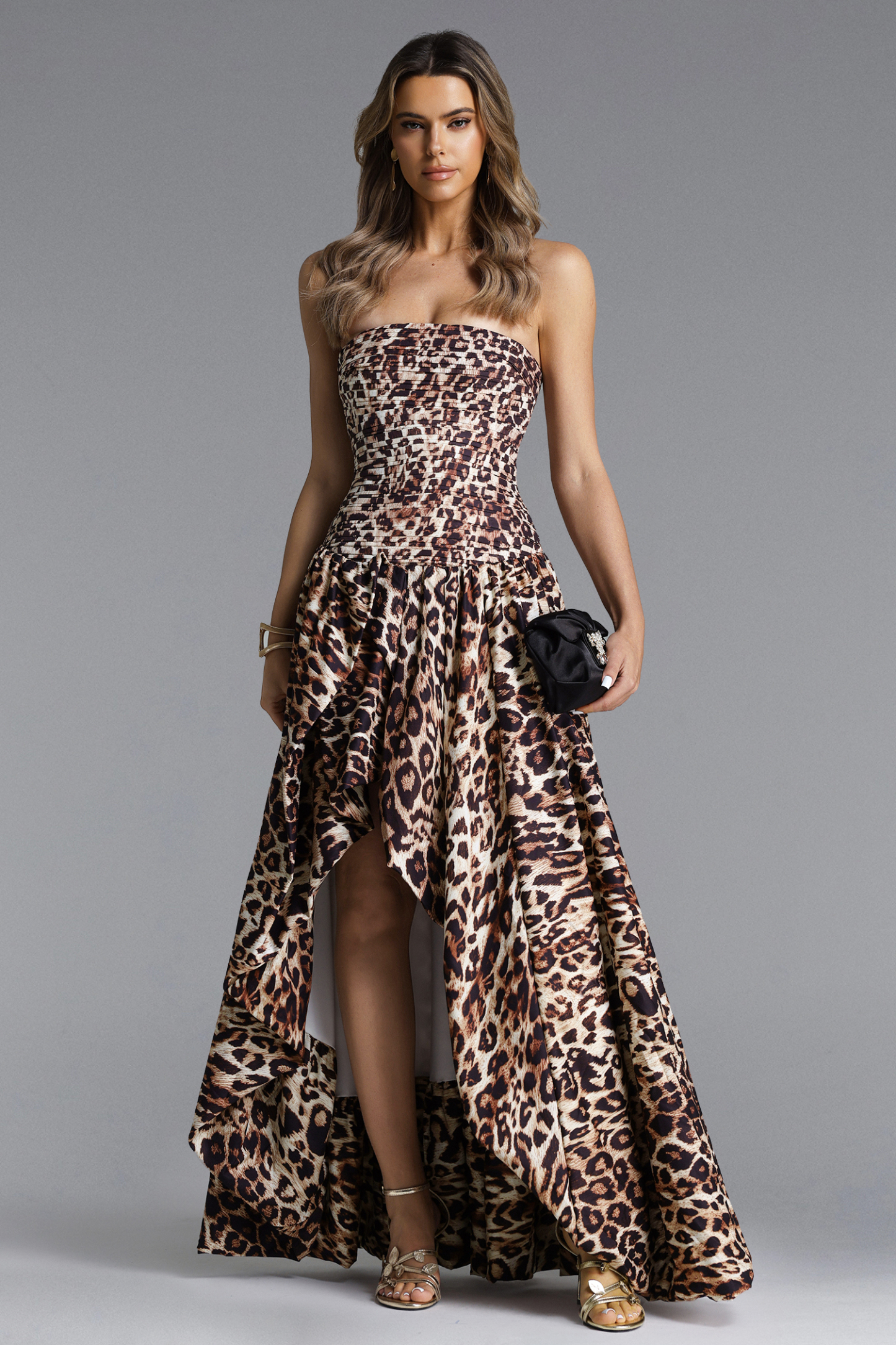 Ente Chic Contour Strapless Pleated Leopard Print Maxi Dress