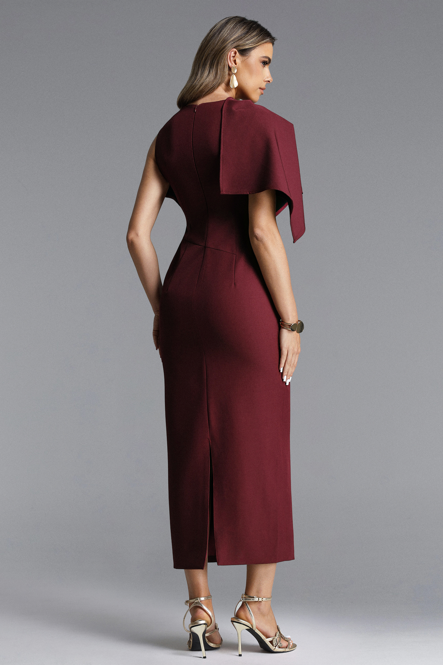 Ferean Elegant Tailored Short Sleeve Asymmetric Drape Maxi Dress