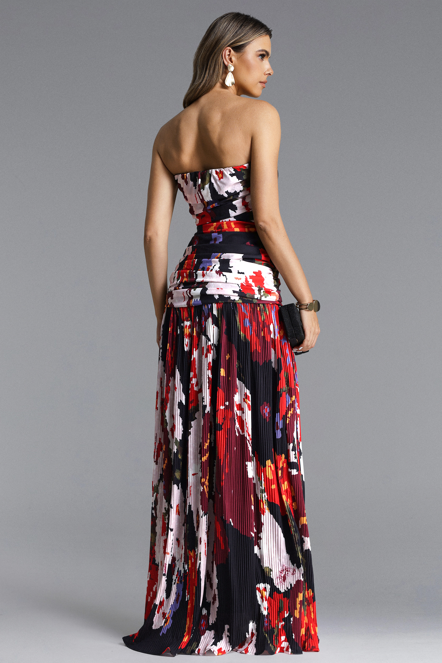 Rafaela Romantic Flowy Strapless Pleated Print Maxi Dress