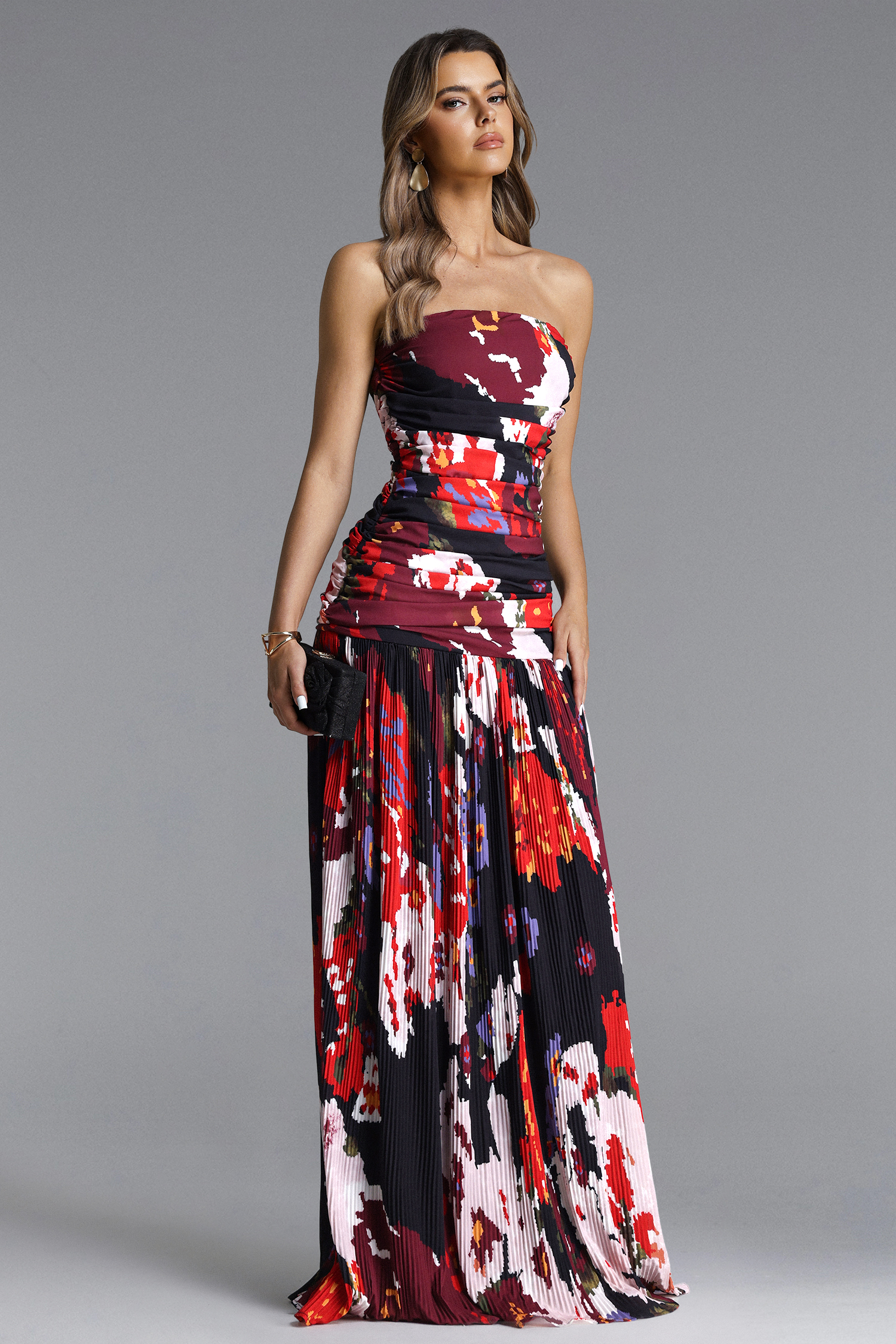 Rafaela Romantic Flowy Strapless Pleated Print Maxi Dress
