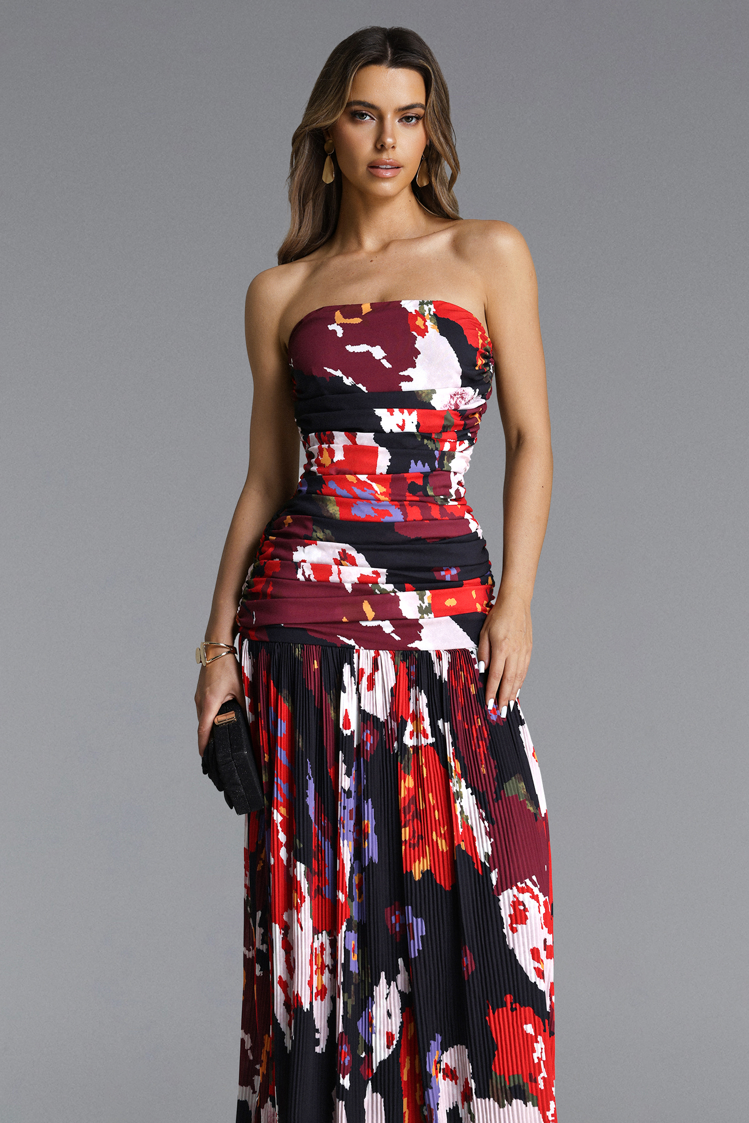 Rafaela Romantic Flowy Strapless Pleated Print Maxi Dress