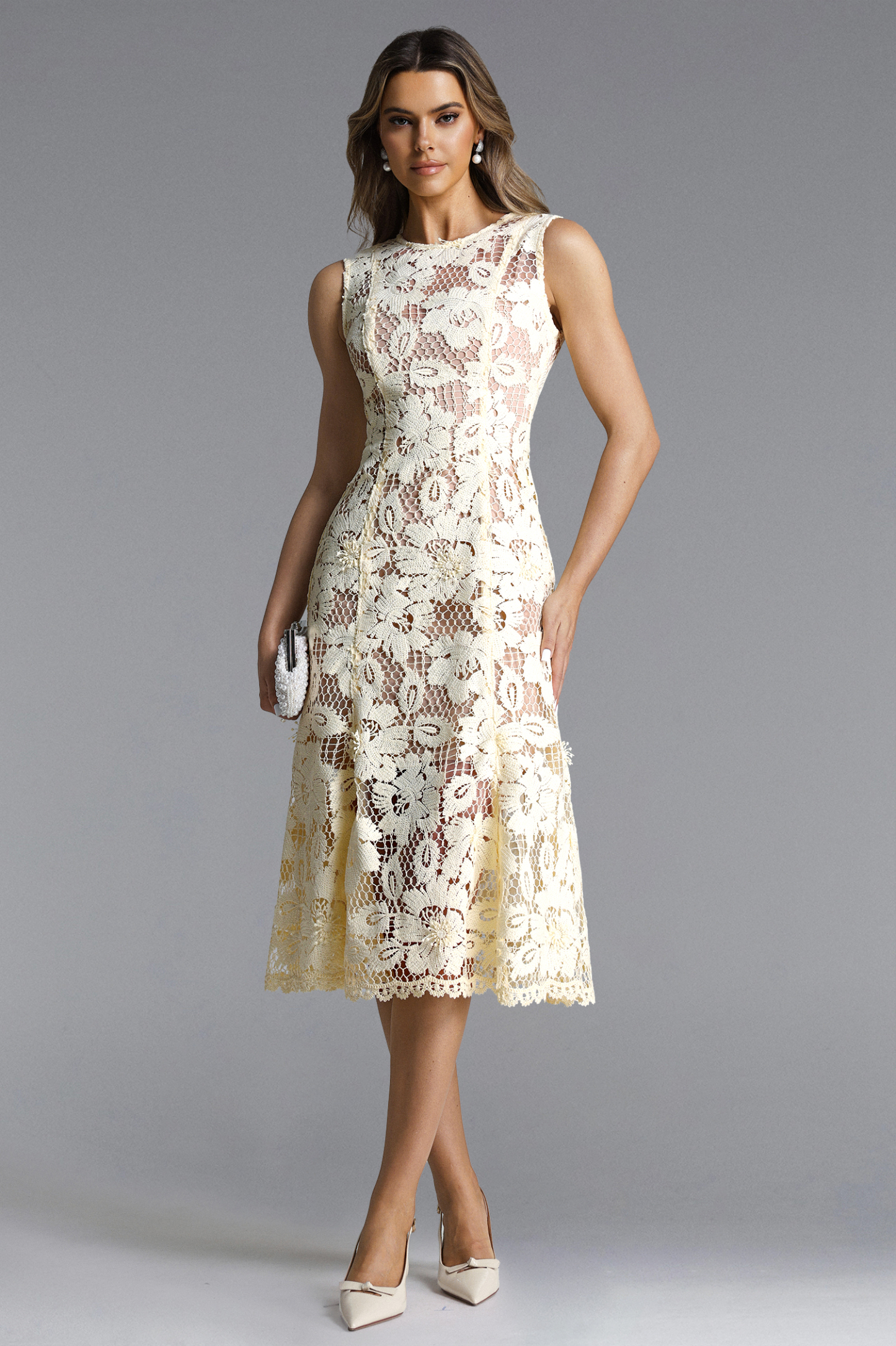 Wanie Elegant Flowy Sleeveless Lace Maxi Dress