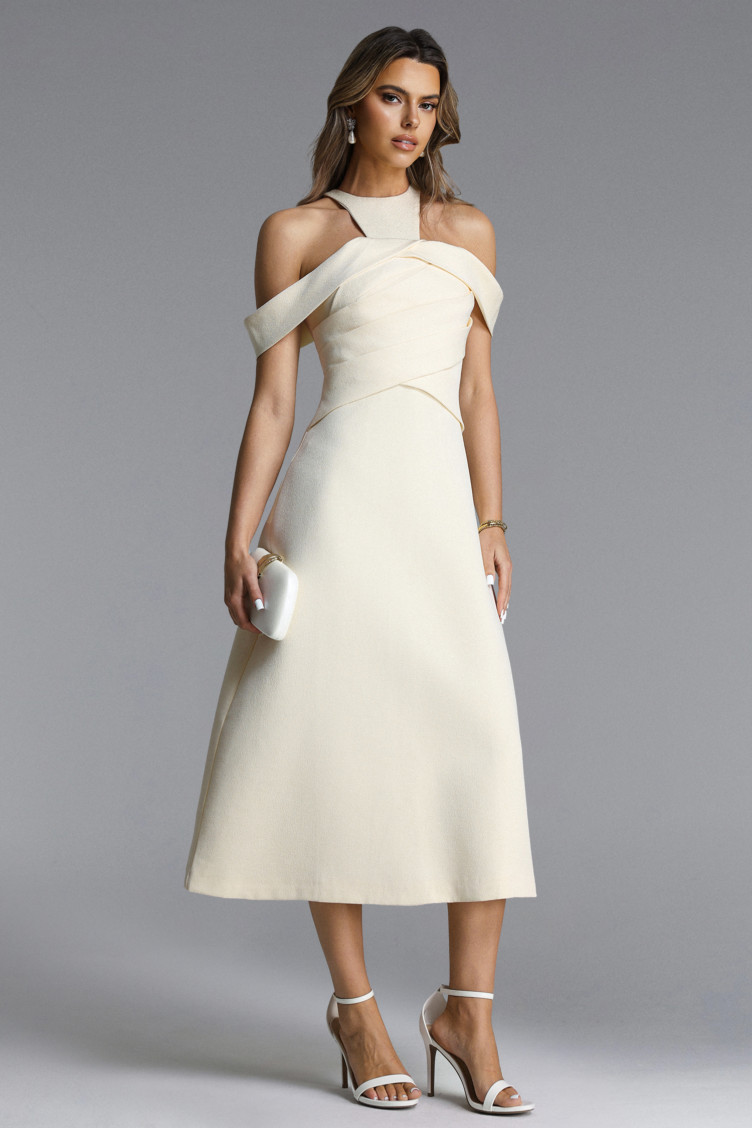 Estella Elegant Tailored Halter Pleated Woven Maxi Dress