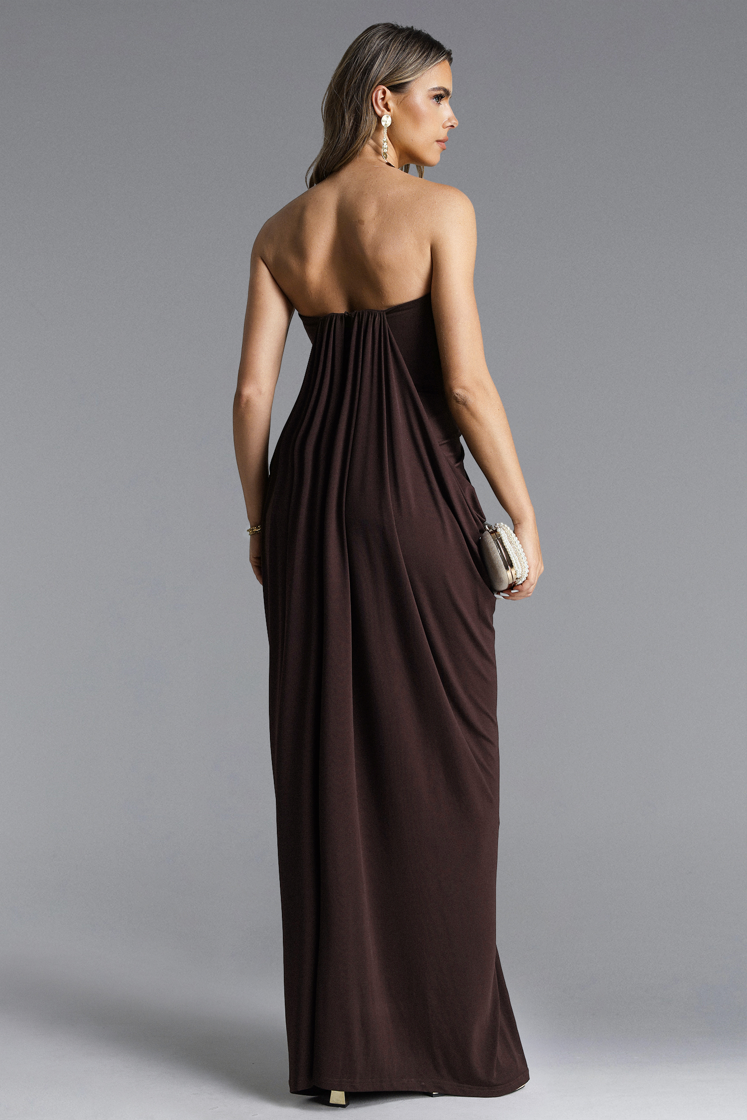 Judith Elegant Contour Strapless Ruched Knit Maxi Dress
