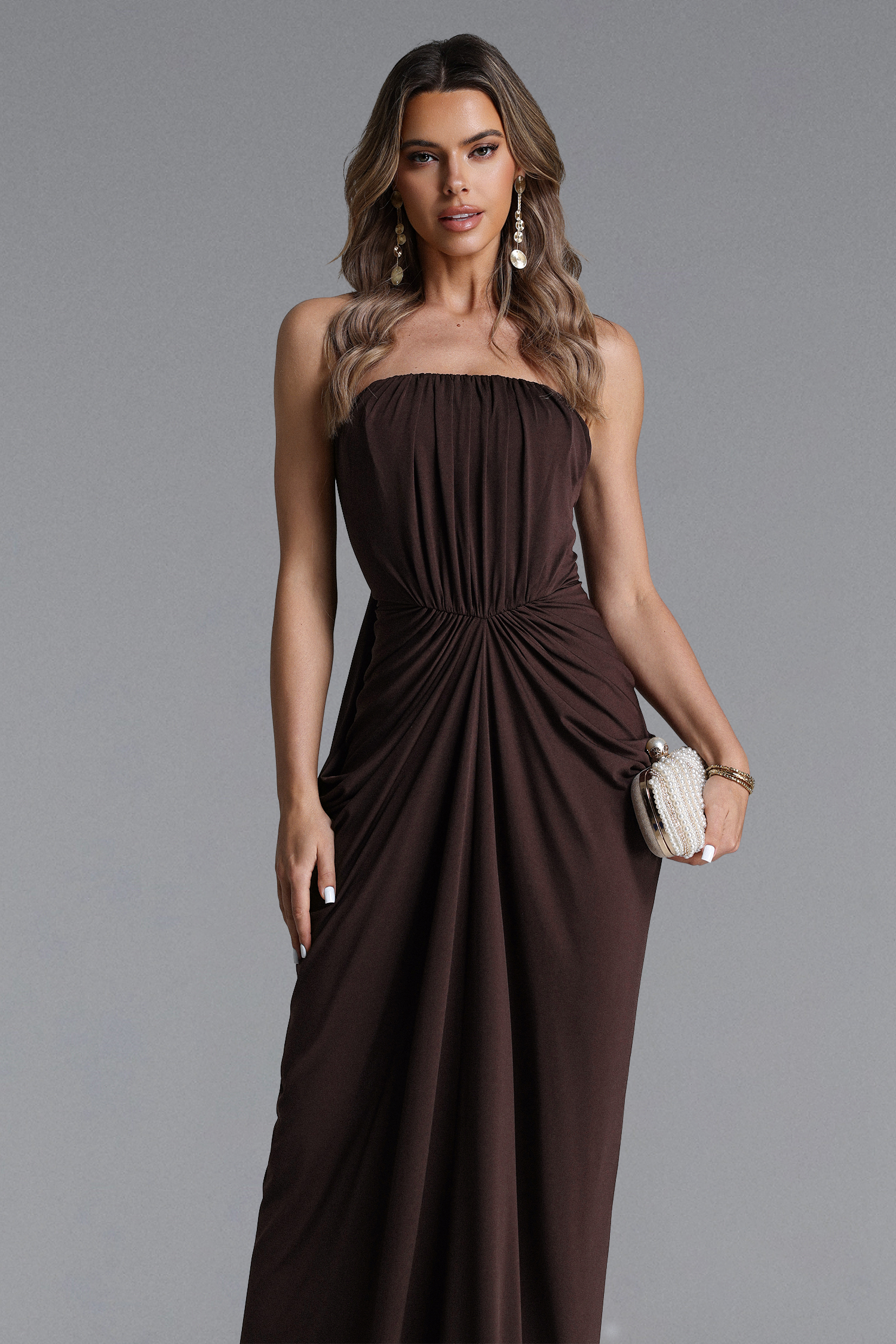 Judith Elegant Contour Strapless Ruched Knit Maxi Dress