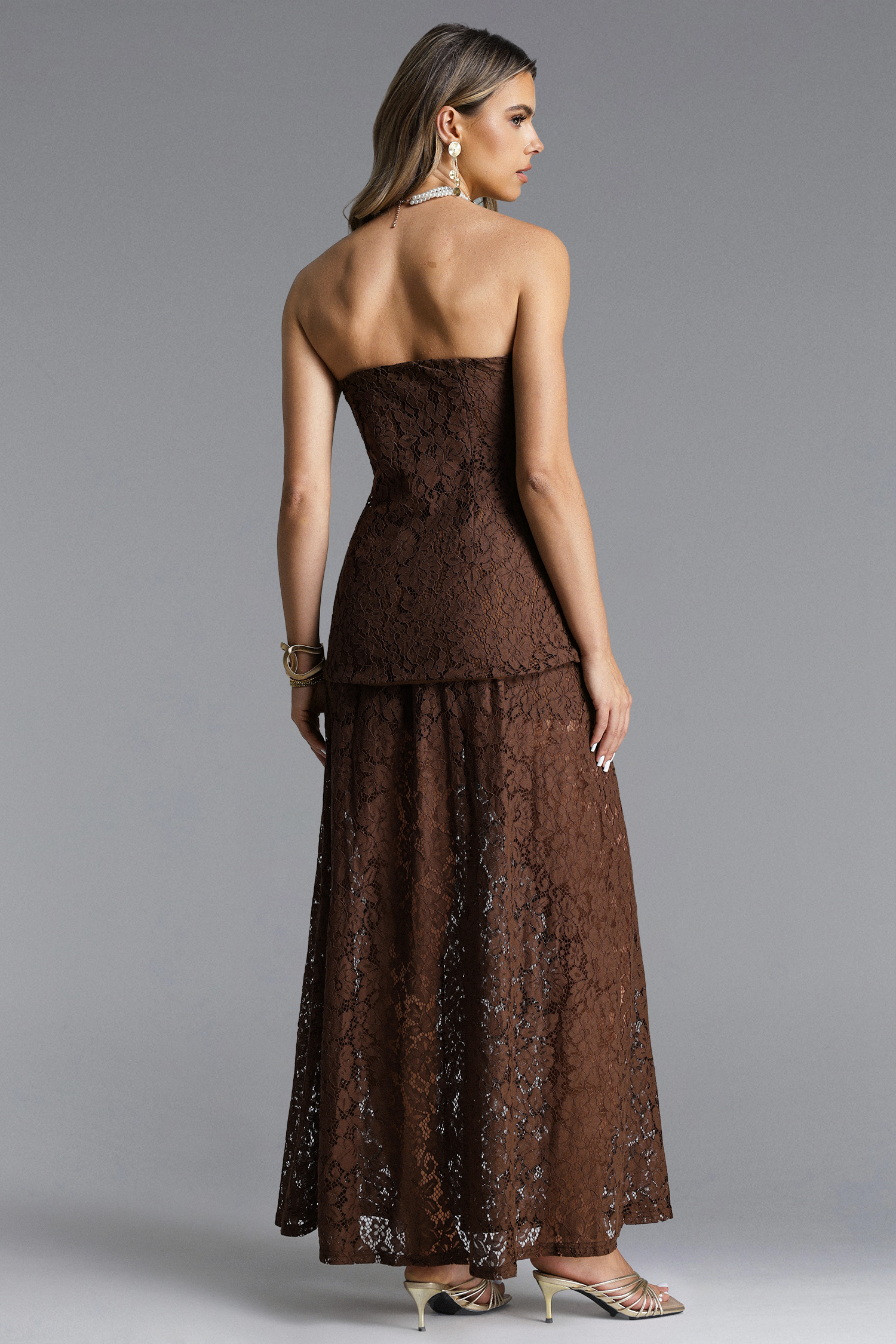 Tiere Elegant Flowy Strapless Lace Top and Skirt Set