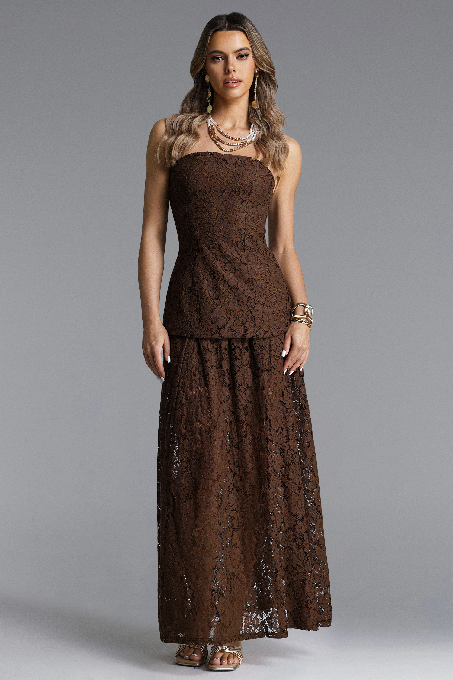 Tiere Elegant Flowy Strapless Lace Top and Skirt Set