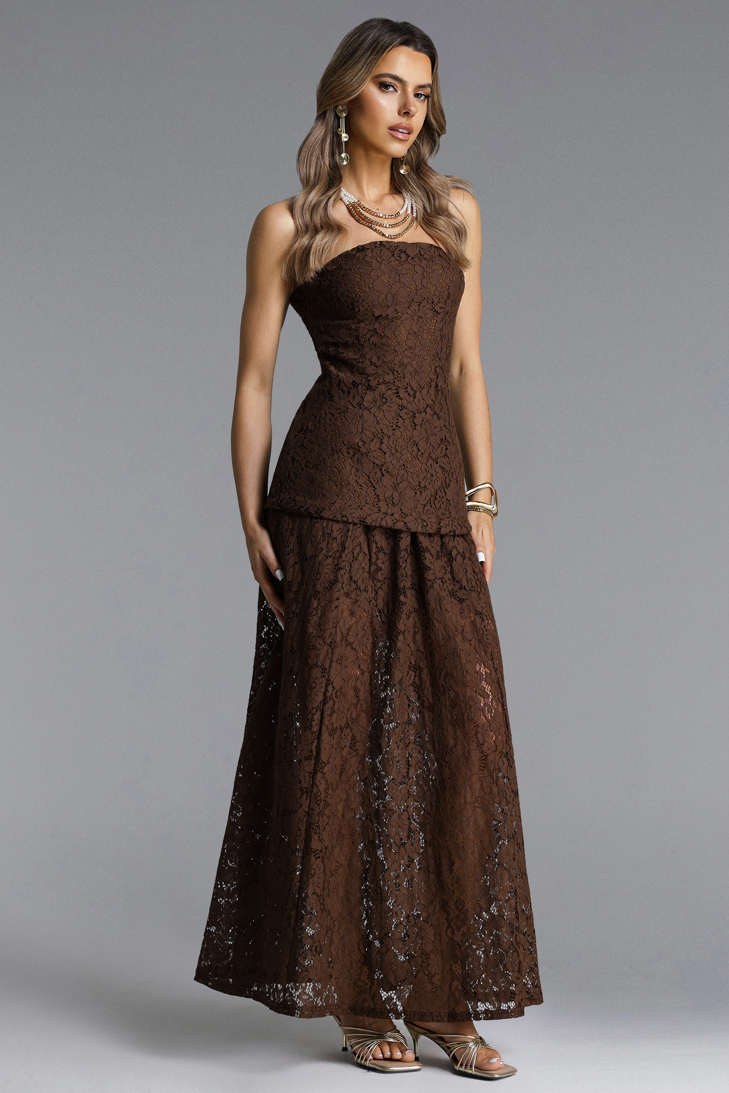 Tiere Elegant Flowy Strapless Lace Top and Skirt Set