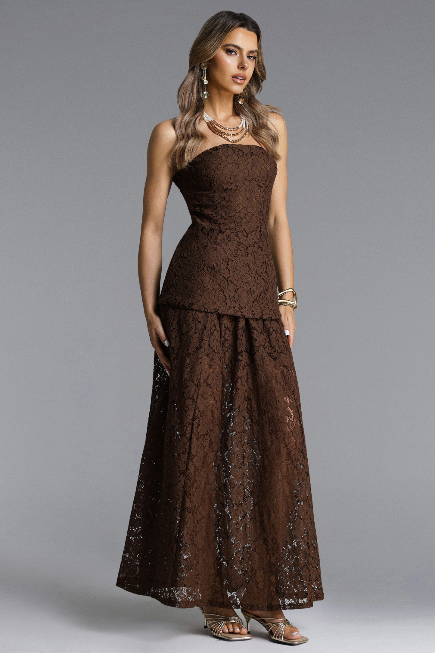 Tiere Elegant Flowy Strapless Lace Top and Skirt Set