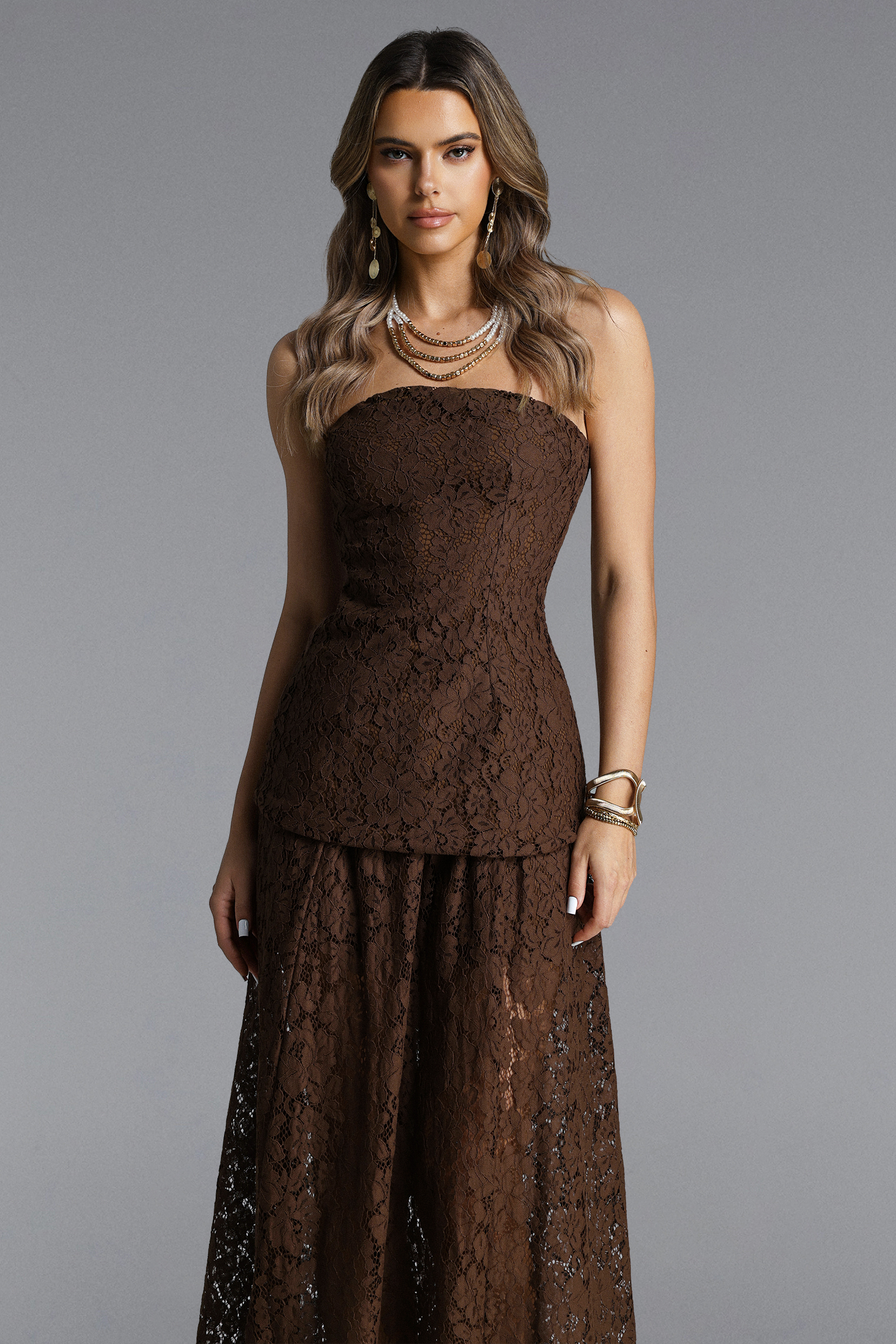 Tiere Elegant Flowy Strapless Lace Top and Skirt Set