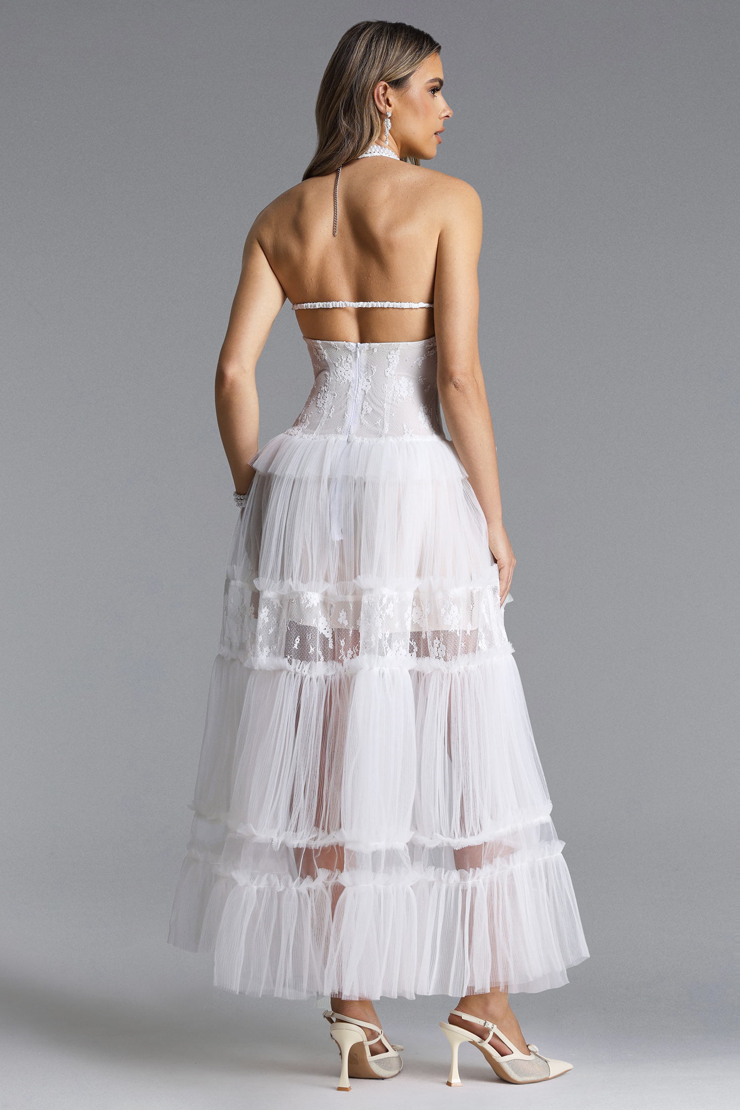 Stacy Romantic Contour Halter Floral Lace Tulle Maxi Dress