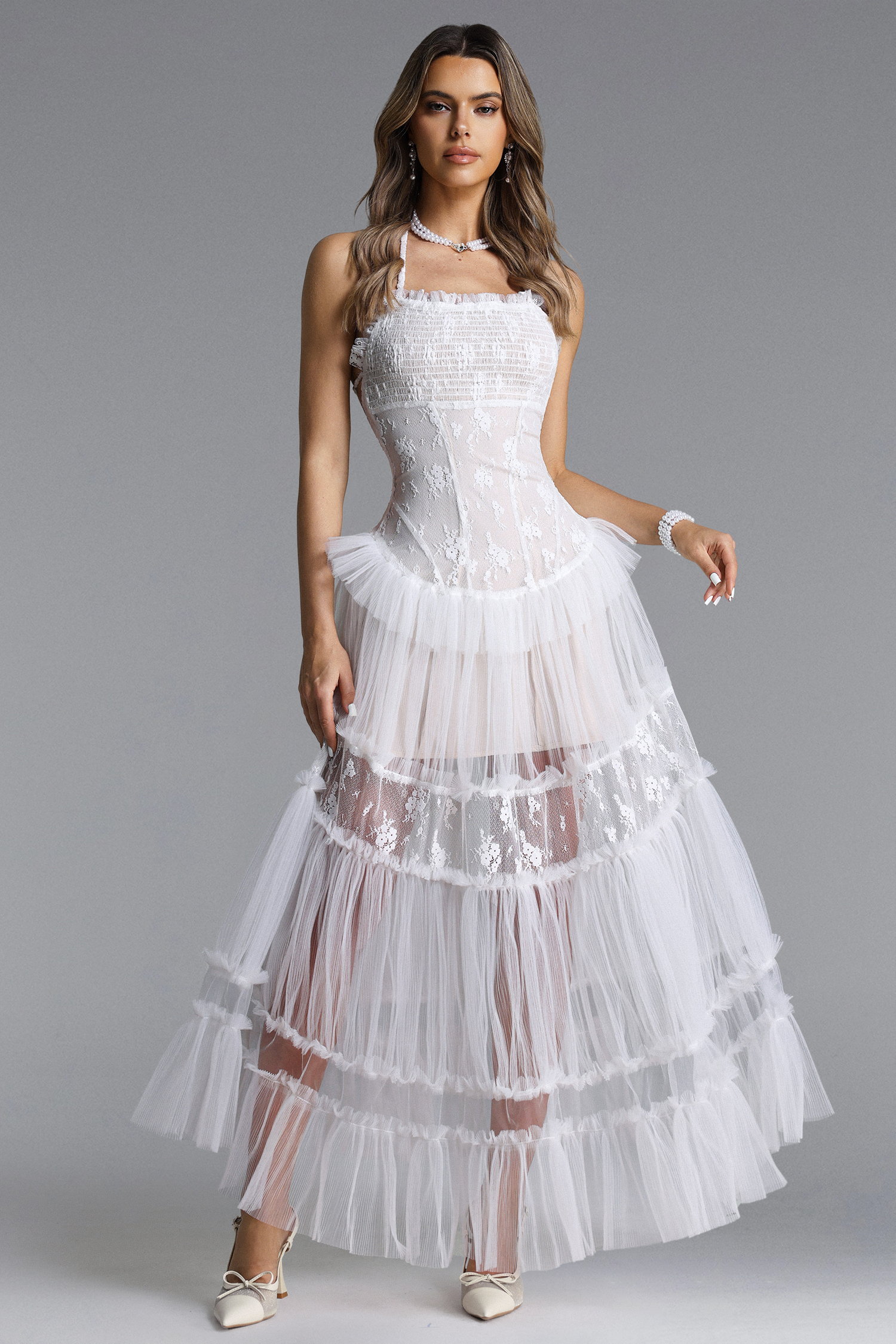 Stacy Romantic Contour Halter Floral Lace Tulle Maxi Dress
