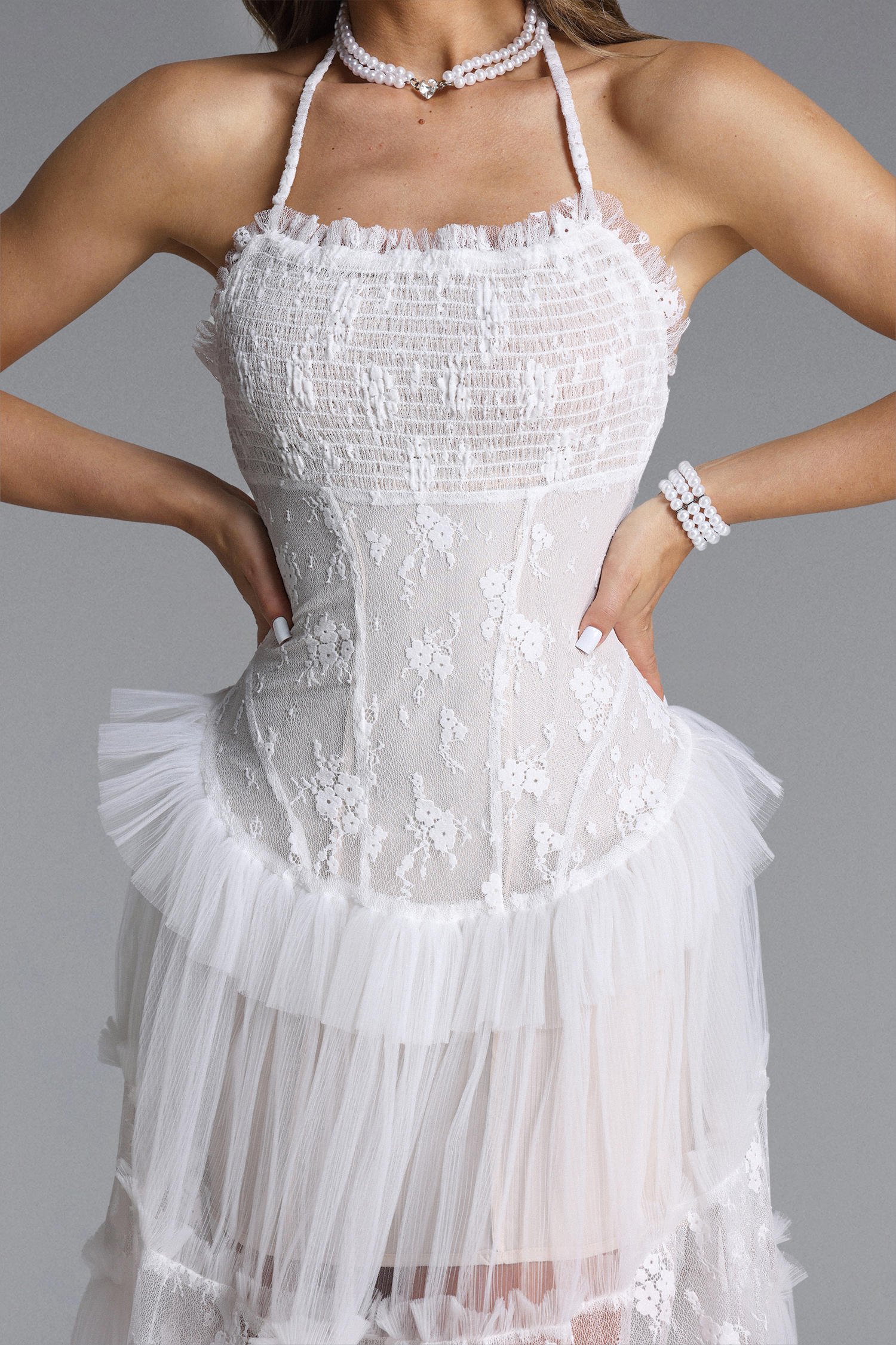 Stacy Romantic Contour Halter Floral Lace Tulle Maxi Dress