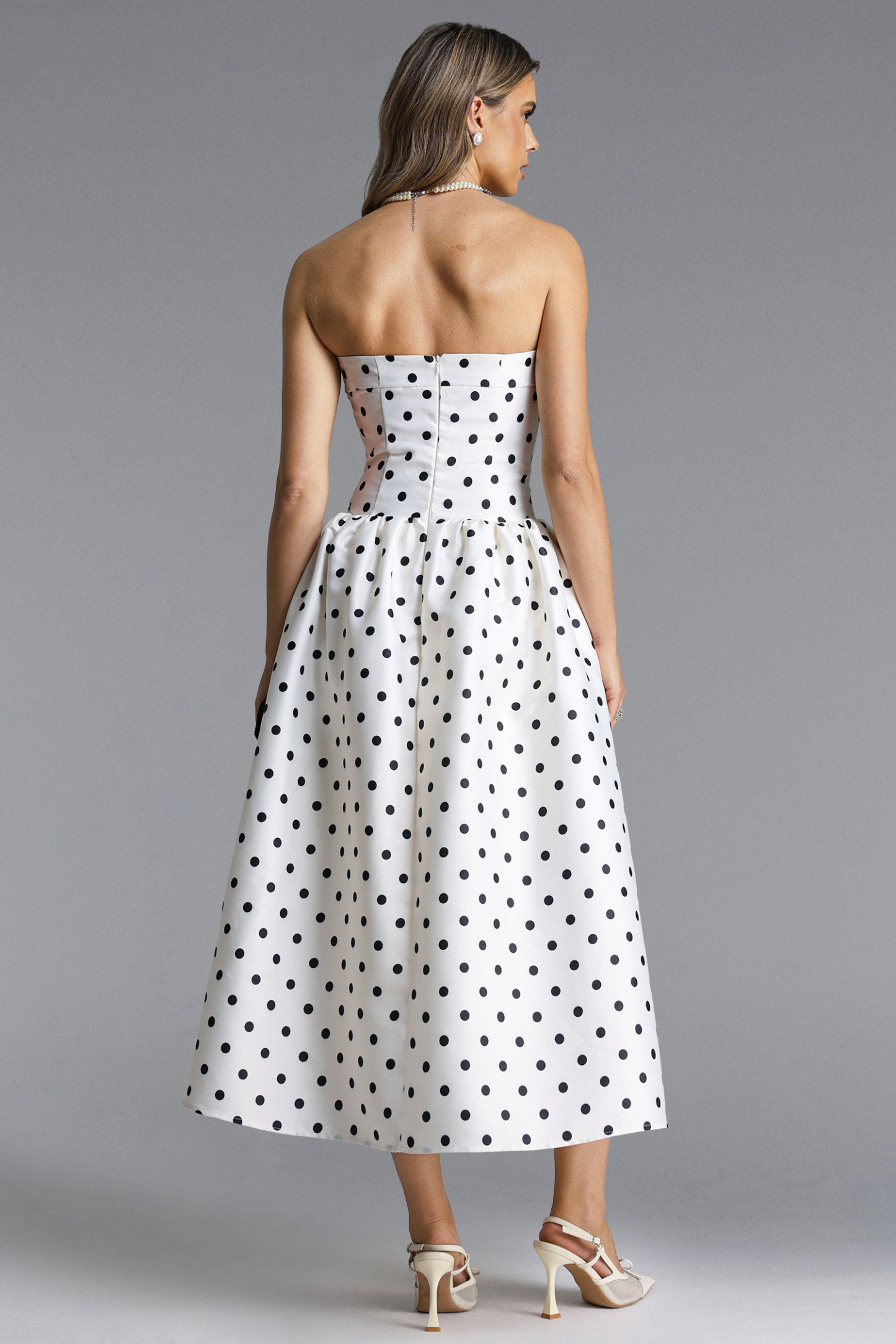 Gregorio Elegant Tailored Strapless Polka Dot Maxi Dress