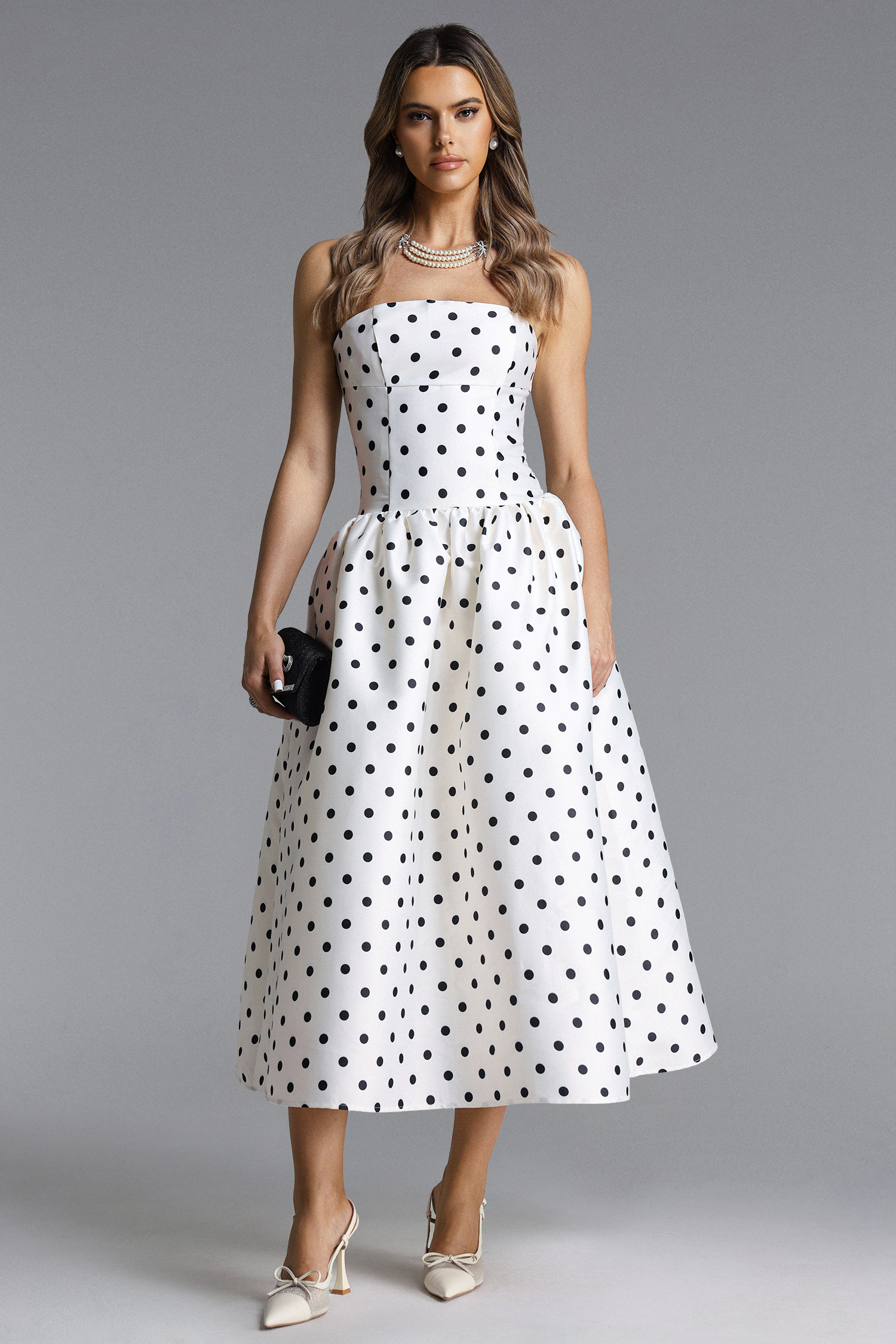 Gregorio Elegant Tailored Strapless Polka Dot Maxi Dress