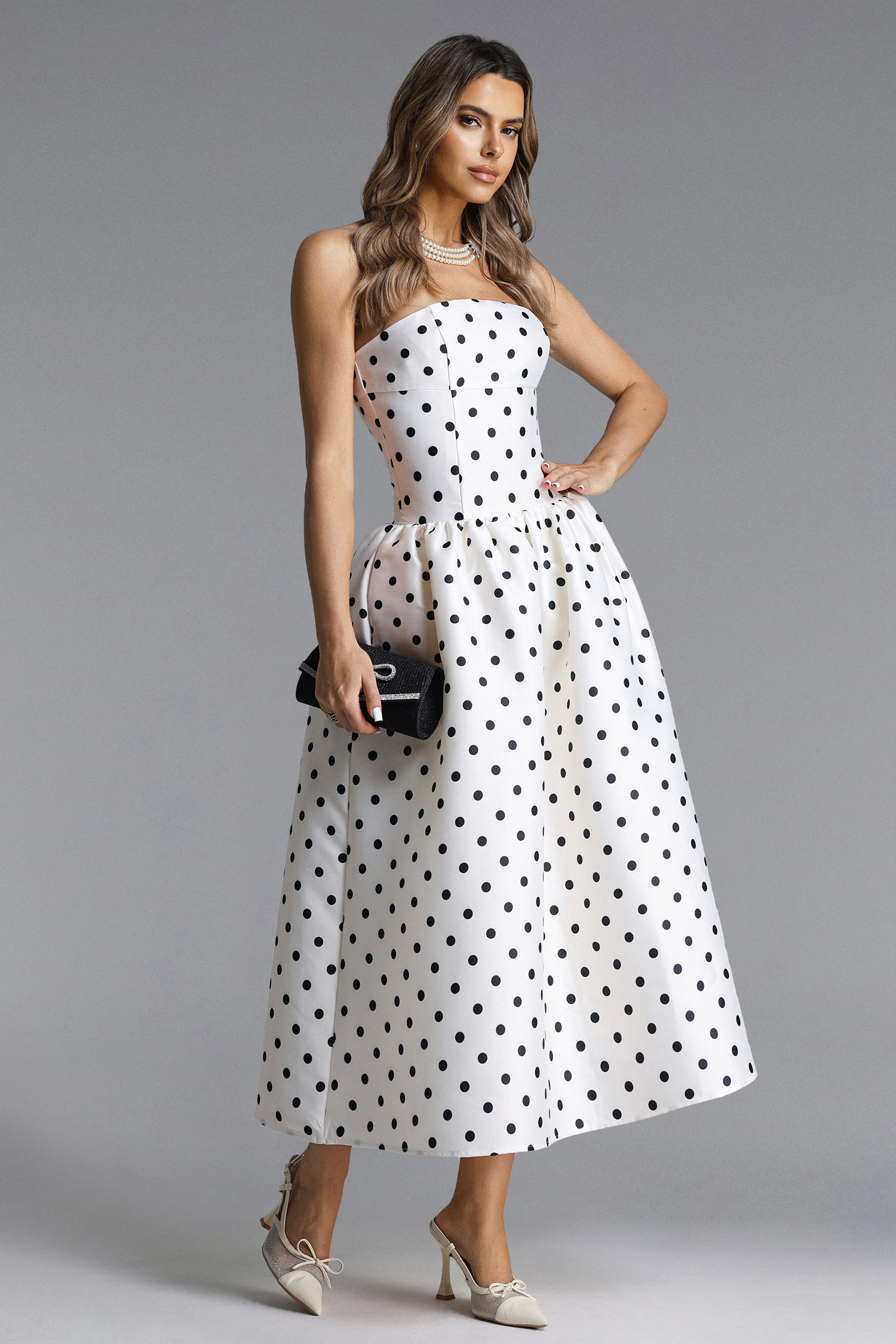 Gregorio Elegant Tailored Strapless Polka Dot Maxi Dress